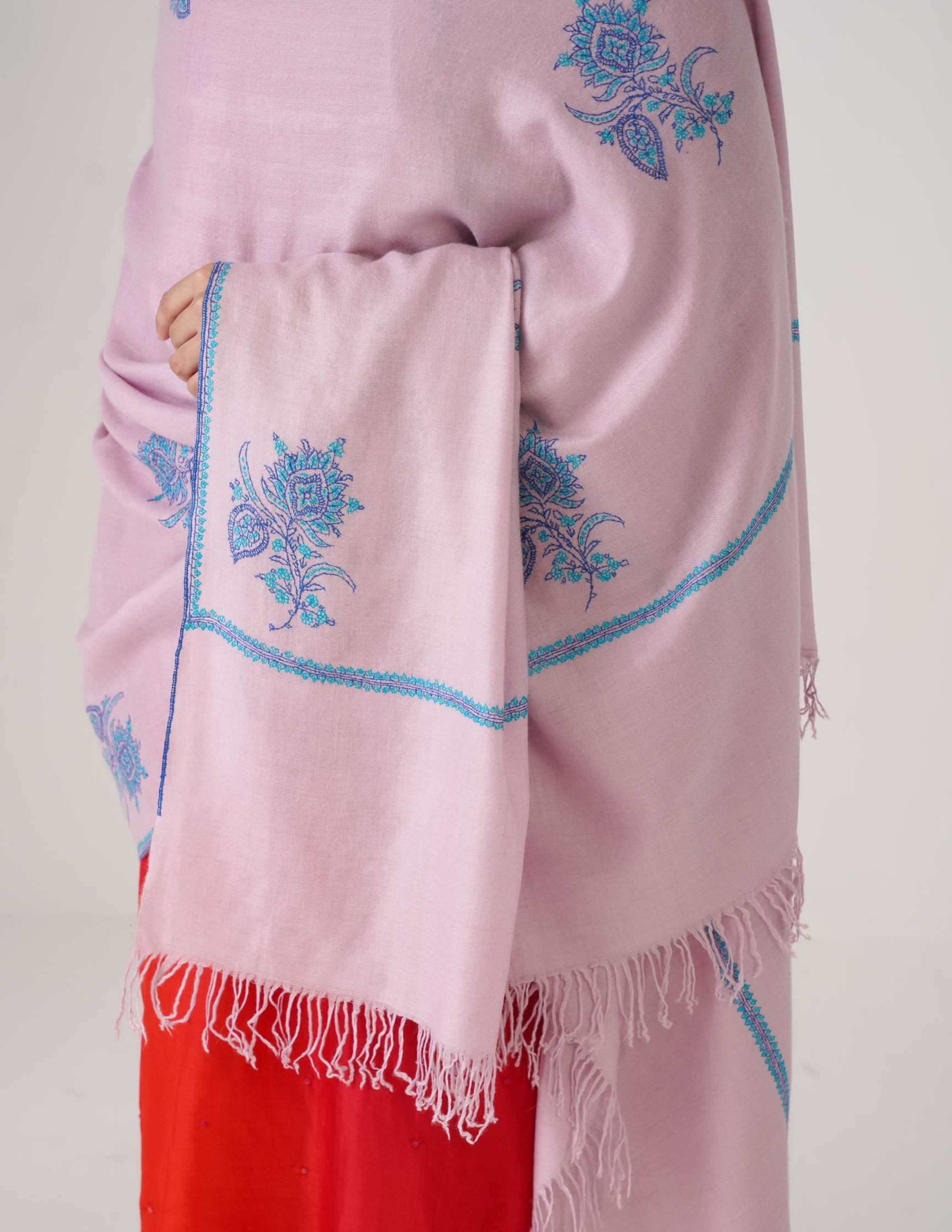 Kashmiri Handwoven Pashmina Sozni Shawl Hashidaar with Bootidar Motifs – Baby Pink | Turquoise & Blue Heritage - Kashmir Box