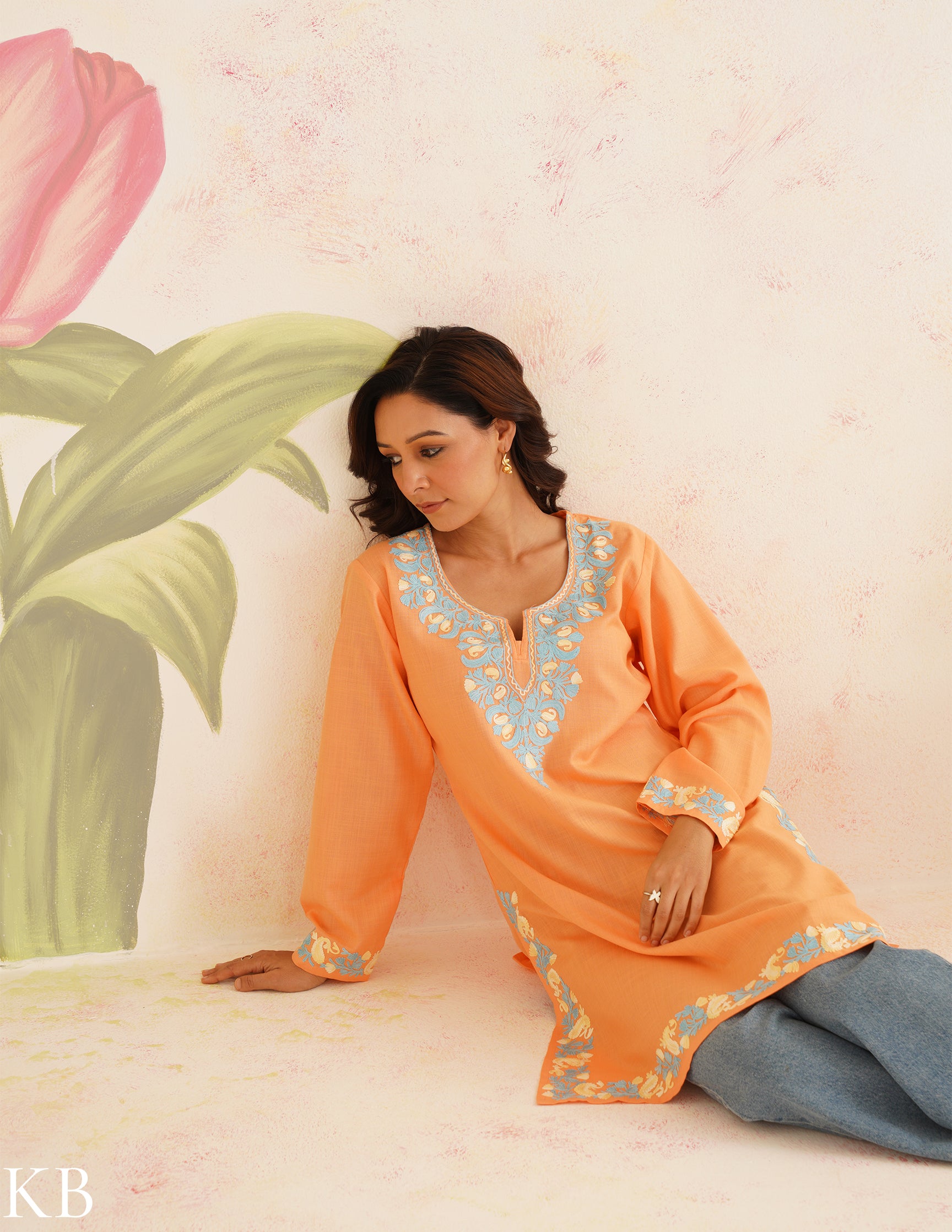 Peach Cotton Kurti with Blue Floral Embroidery | Bahaar Collection 2025