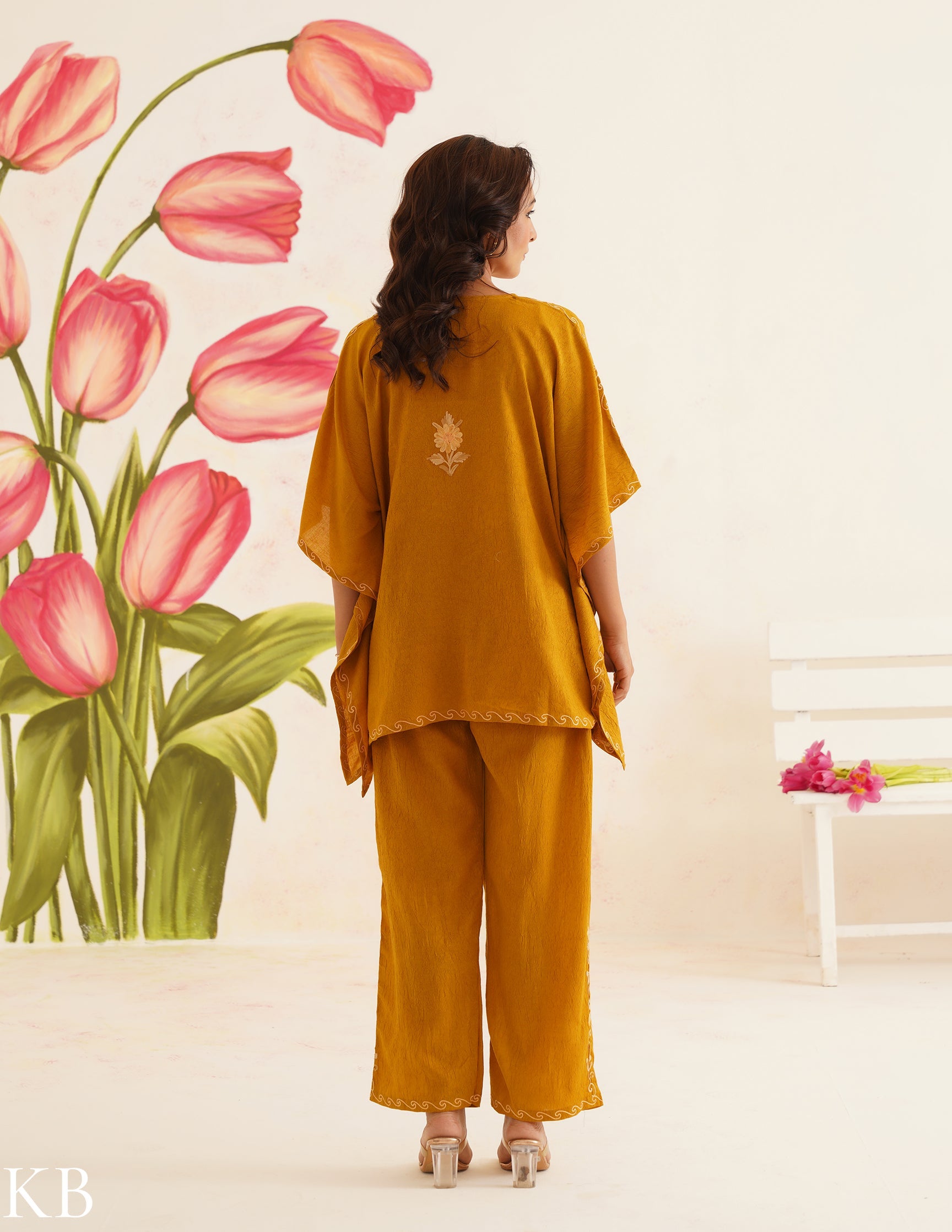 Mustard Brown Aari Embroidered Cotton Kaftan Set | Comfortable Loose-Fit Coordinated Outfit | Summer Ethnic Wear - Kashmir Box