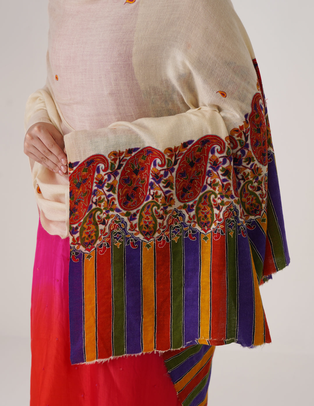 Kashmiri Handwoven Pashmina Sozni Shawl Modern Design – Off White | Multicolour Heritage - Kashmir Box