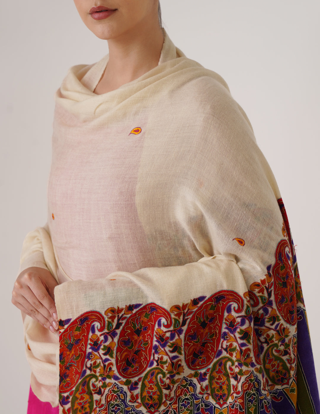 Kashmiri Handwoven Pashmina Sozni Shawl Modern Design – Off White | Multicolour Heritage - Kashmir Box