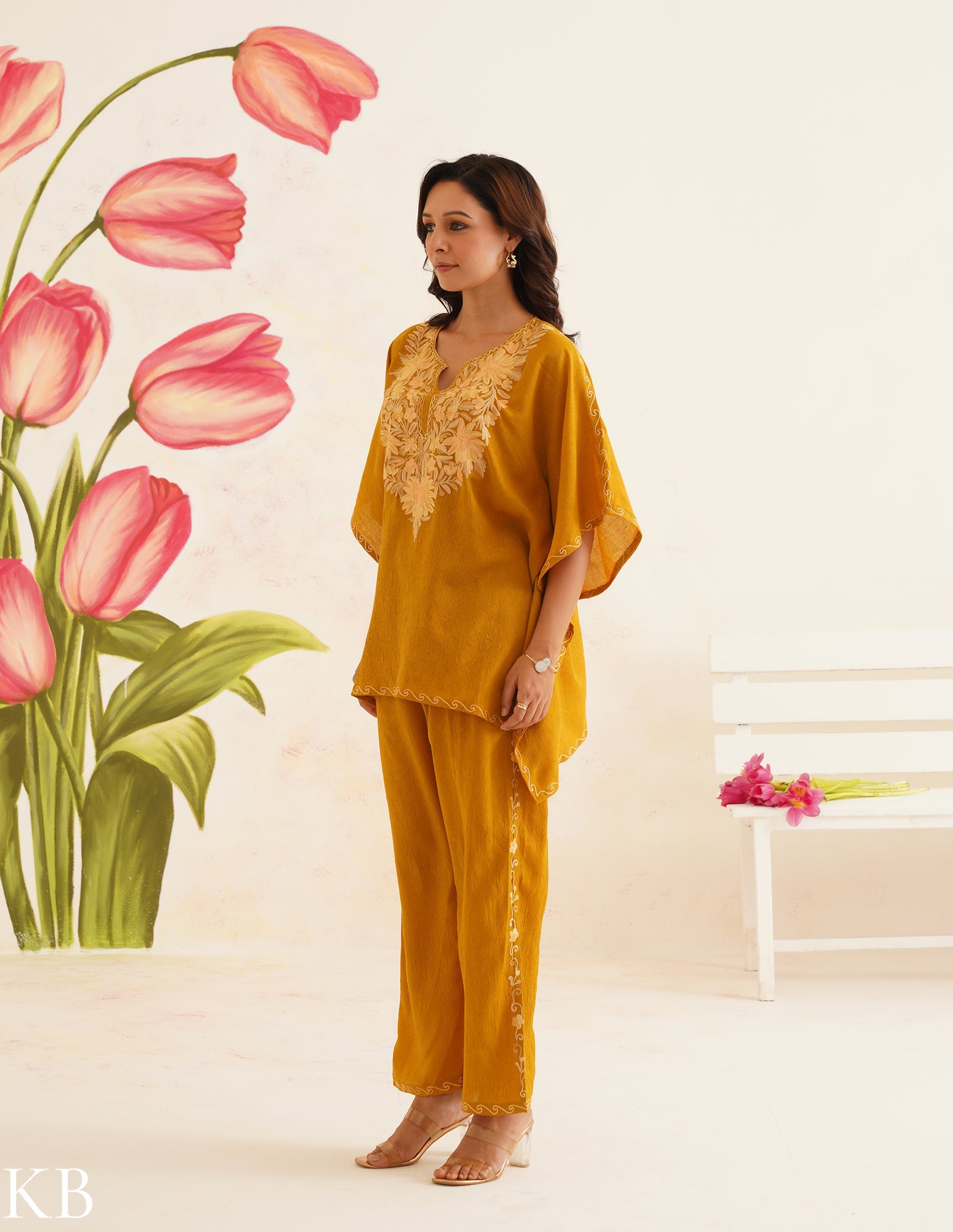 Mustard Brown Aari Embroidered Cotton Kaftan Set | Comfortable Loose-Fit Coordinated Outfit | Summer Ethnic Wear - Kashmir Box