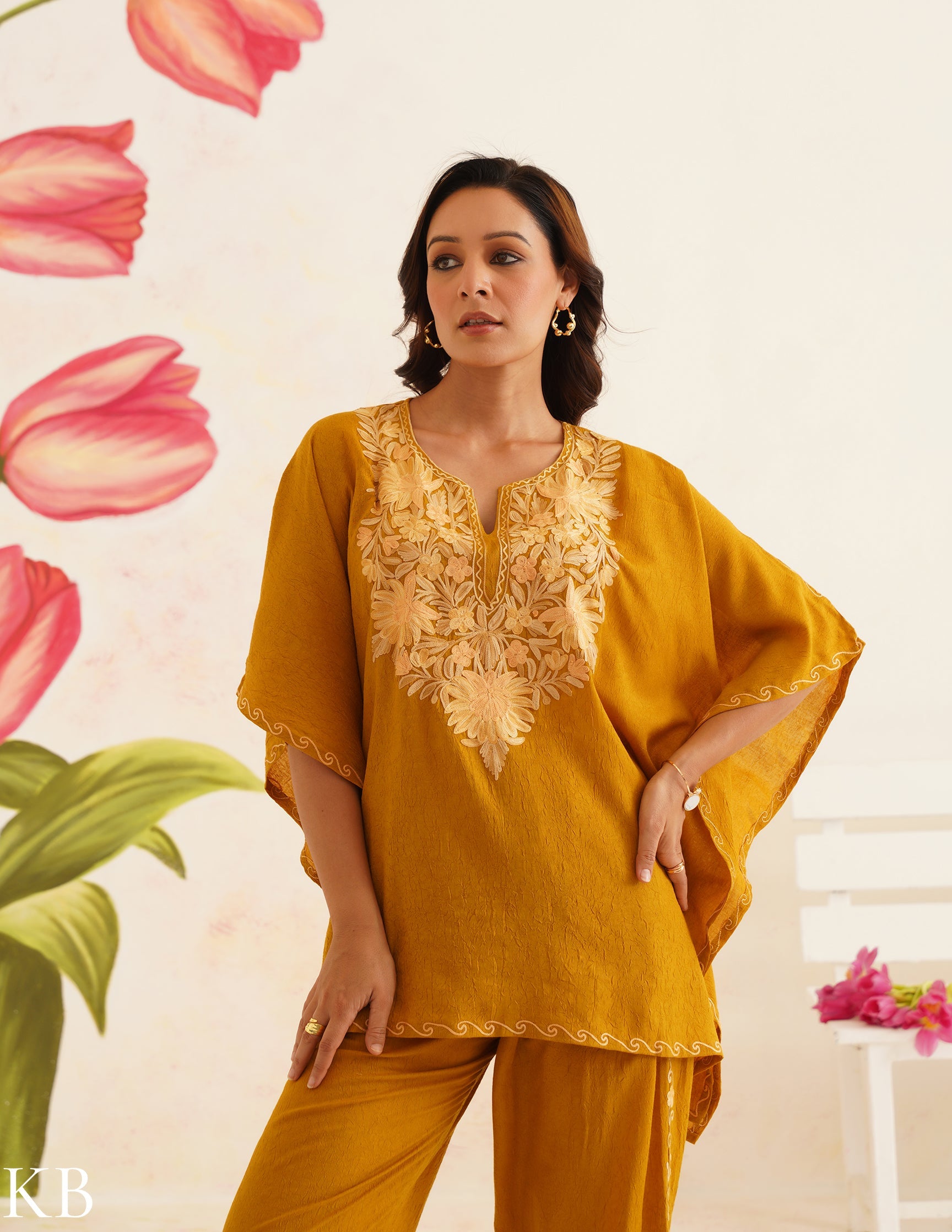 Mustard Brown Aari Embroidered Cotton Kaftan Set | Comfortable Loose-Fit Coordinated Outfit | Summer Ethnic Wear - Kashmir Box