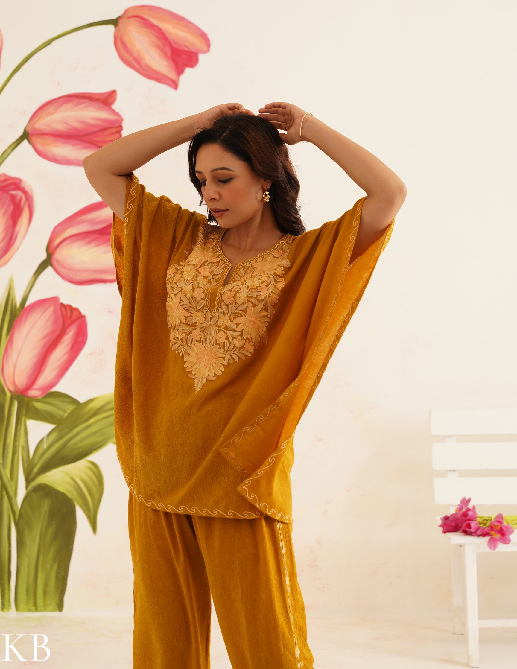 Mustard Brown Aari Embroidered Cotton Kaftan Set | Comfortable Loose-Fit Coordinated Outfit | Summer Ethnic Wear - Kashmir Box