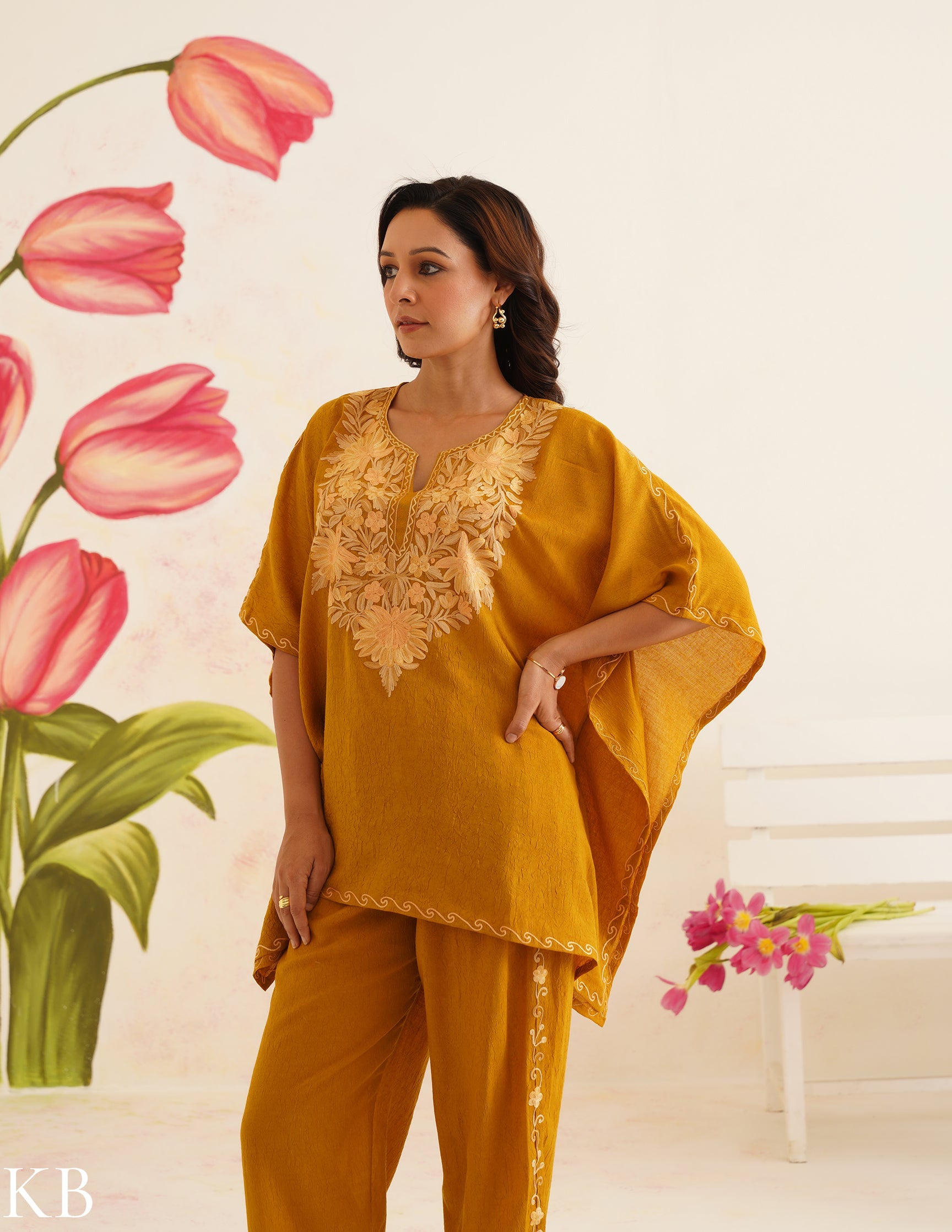 Mustard Brown Aari Embroidered Cotton Kaftan Set | Comfortable Loose-Fit Coordinated Outfit | Summer Ethnic Wear - Kashmir Box