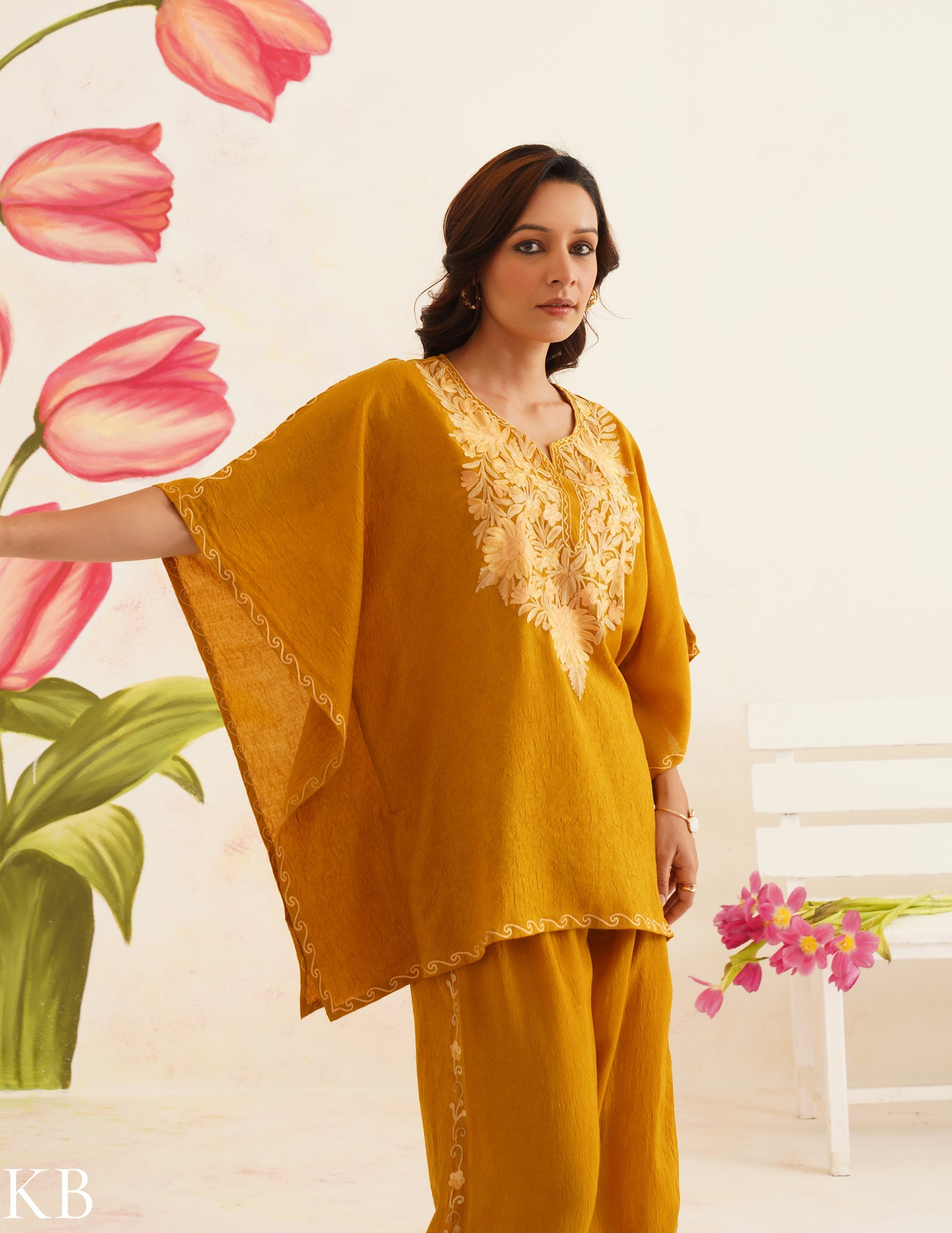 Mustard Brown Aari Embroidered Cotton Kaftan Set | Comfortable Loose-Fit Coordinated Outfit | Summer Ethnic Wear - Kashmir Box