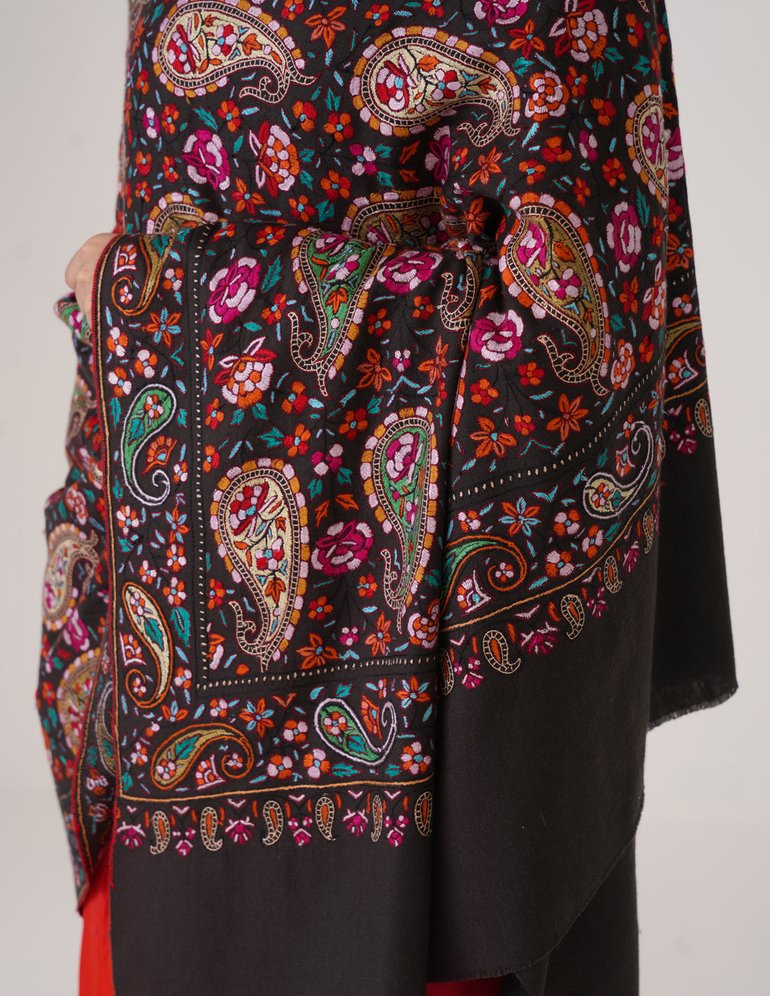 Kashmiri Handwoven Pashmina Sozni Shawl Jaalidar – Black & Grey | Multicolour Heritage - Kashmir Box