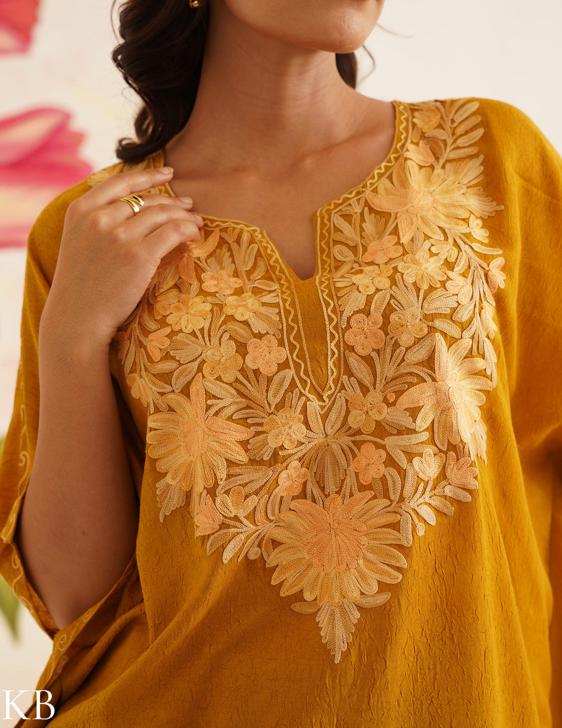 Mustard Brown Aari Embroidered Cotton Kaftan Set | Comfortable Loose-Fit Coordinated Outfit | Summer Ethnic Wear - Kashmir Box