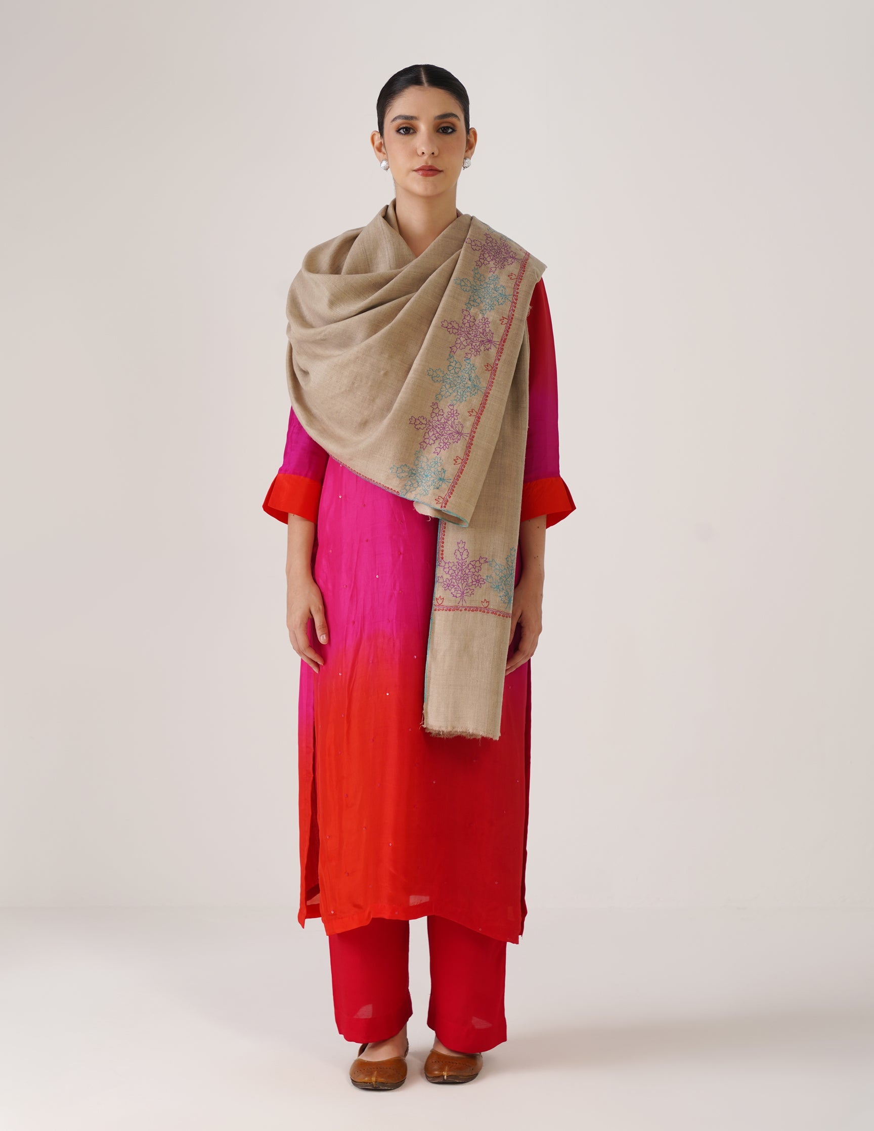Kashmiri Handwoven Pashmina Sozni Stole Paldaar – Natural | Handwoven Heritage