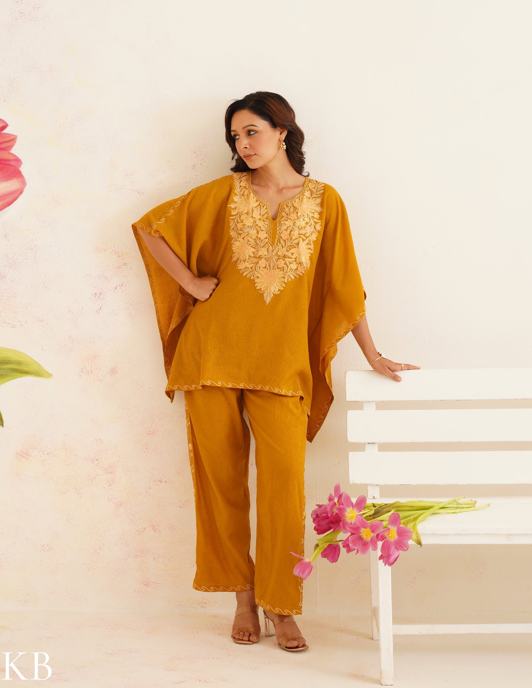 Mustard Brown Aari Embroidered Cotton Kaftan Set | Comfortable Loose-Fit Coordinated Outfit | Summer Ethnic Wear - Kashmir Box