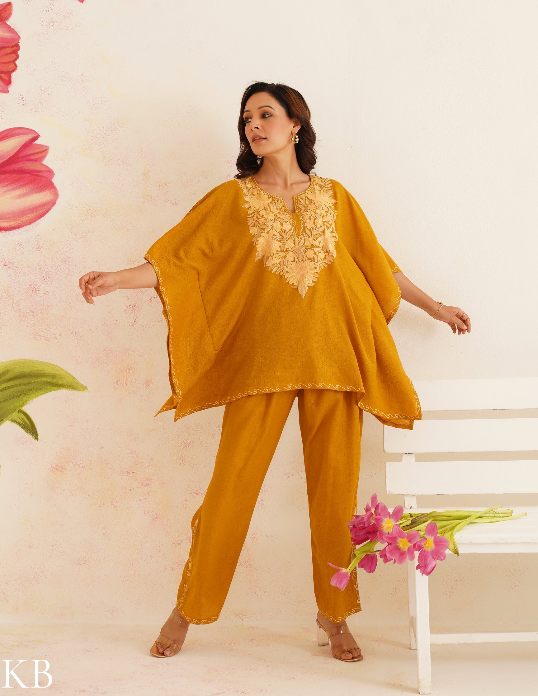 Mustard Brown Aari Embroidered Cotton Kaftan Set | Comfortable Loose-Fit Coordinated Outfit | Summer Ethnic Wear - Kashmir Box