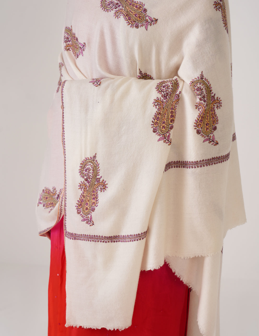 Kashmiri Handwoven Pashmina Sozni Shawl Bootidar Badaam Motifs – Off White | Multicolour Heritage - Kashmir Box