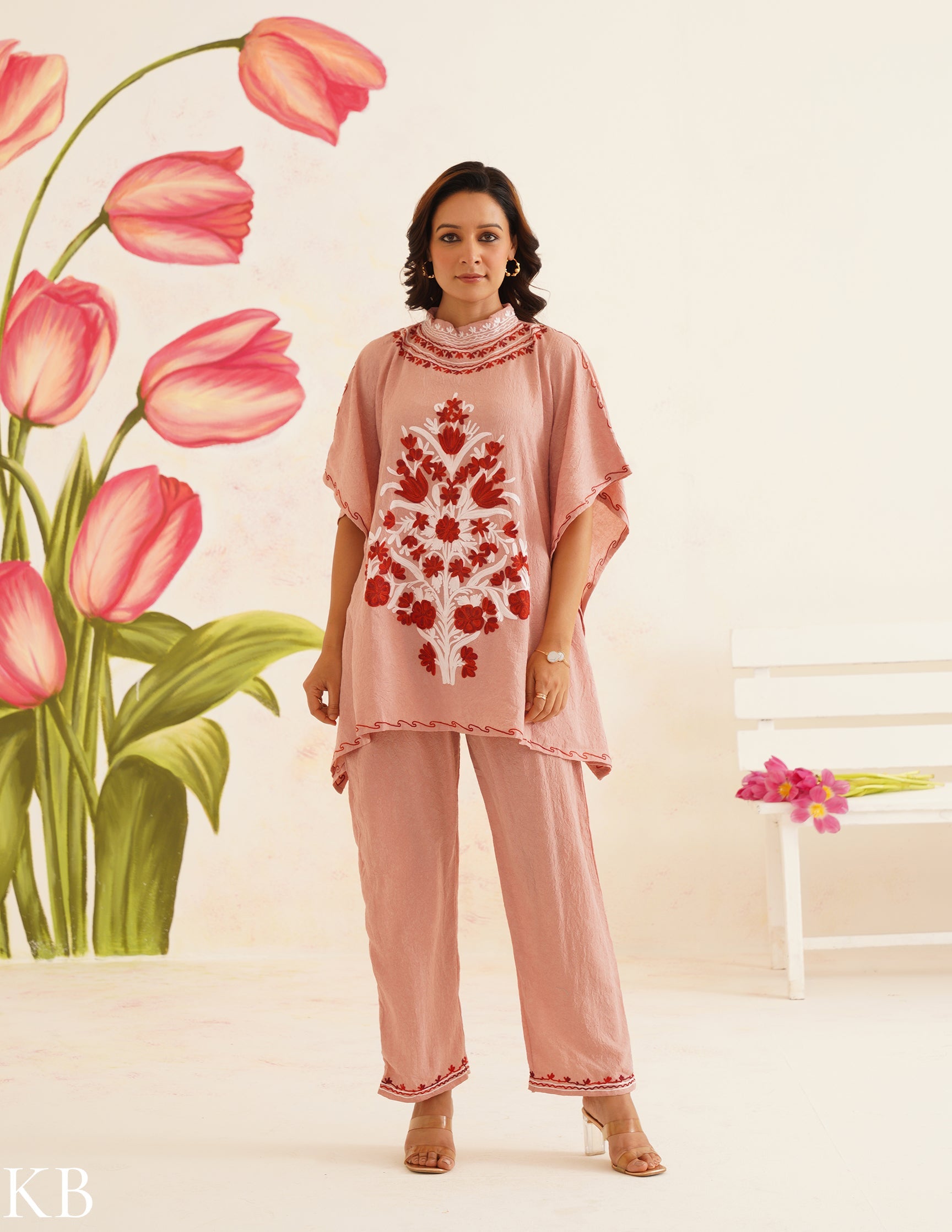 Blush Pink Aari Embroidered Cotton Kaftan Set | Comfortable Loose-Fit Coordinated Outfit | Summer Ethnic Wear - Kashmir Box