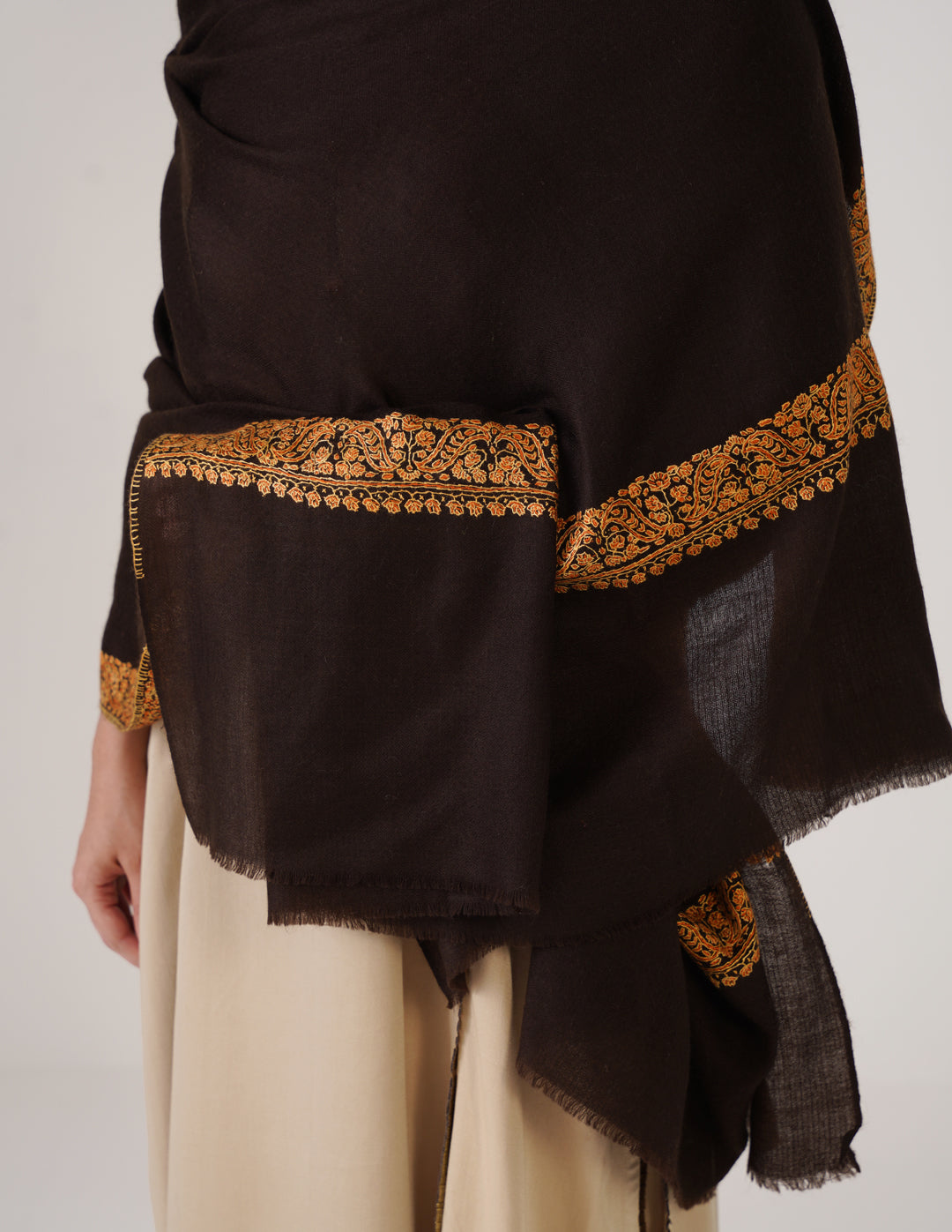 Kashmiri Handwoven Pashmina Sozni Shawl Doredaar – Brown | Yellow & Orange Heritage - Kashmir Box
