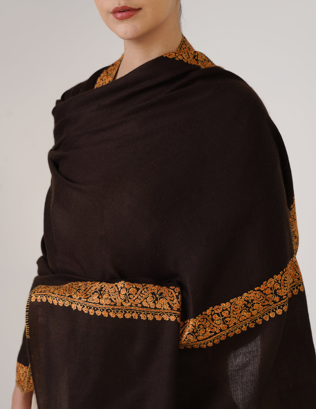 Kashmiri Handwoven Pashmina Sozni Shawl Doredaar – Brown | Yellow & Orange Heritage - Kashmir Box