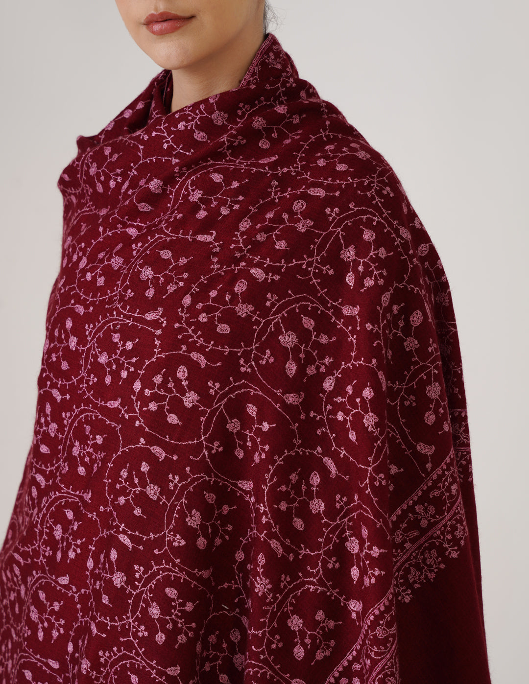 Kashmiri Handwoven Pashmina Sozni Shawl Jaalidar – Maroon | Pink & Light Brown Heritage - Kashmir Box