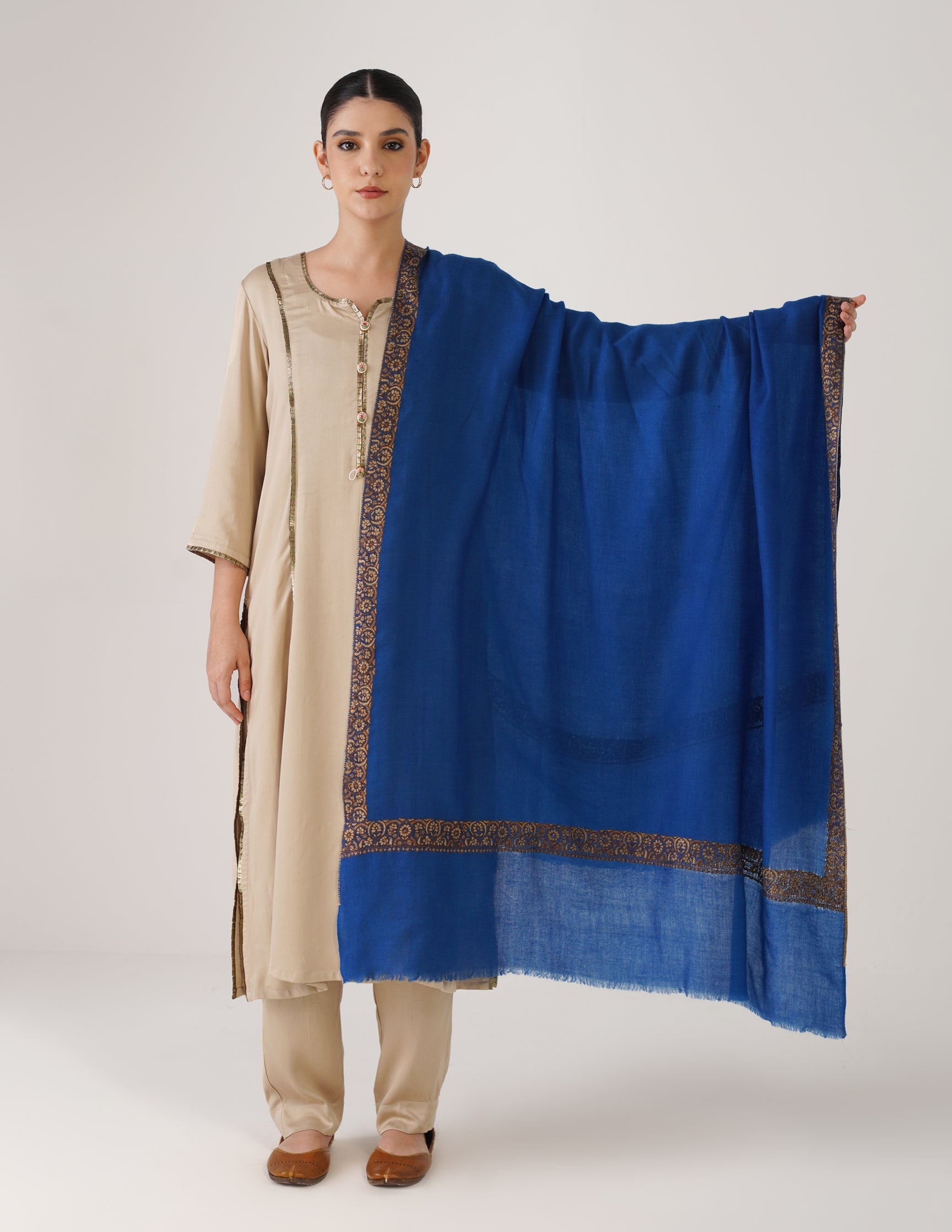 Kashmiri Handwoven Pashmina Sozni Shawl Doredaar – Blue | Brown & Mehendi Heritage - Kashmir Box