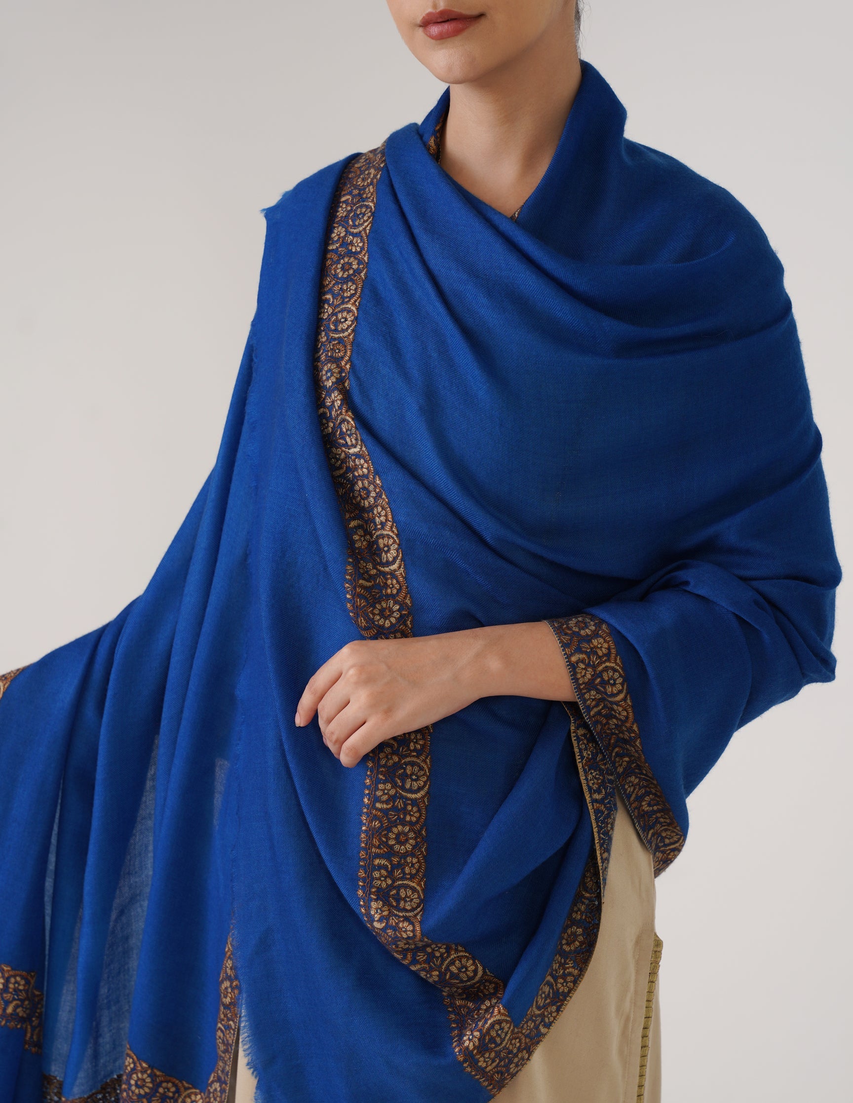 Kashmiri Handwoven Pashmina Sozni Shawl Doredaar – Blue | Brown & Mehendi Heritage - Kashmir Box