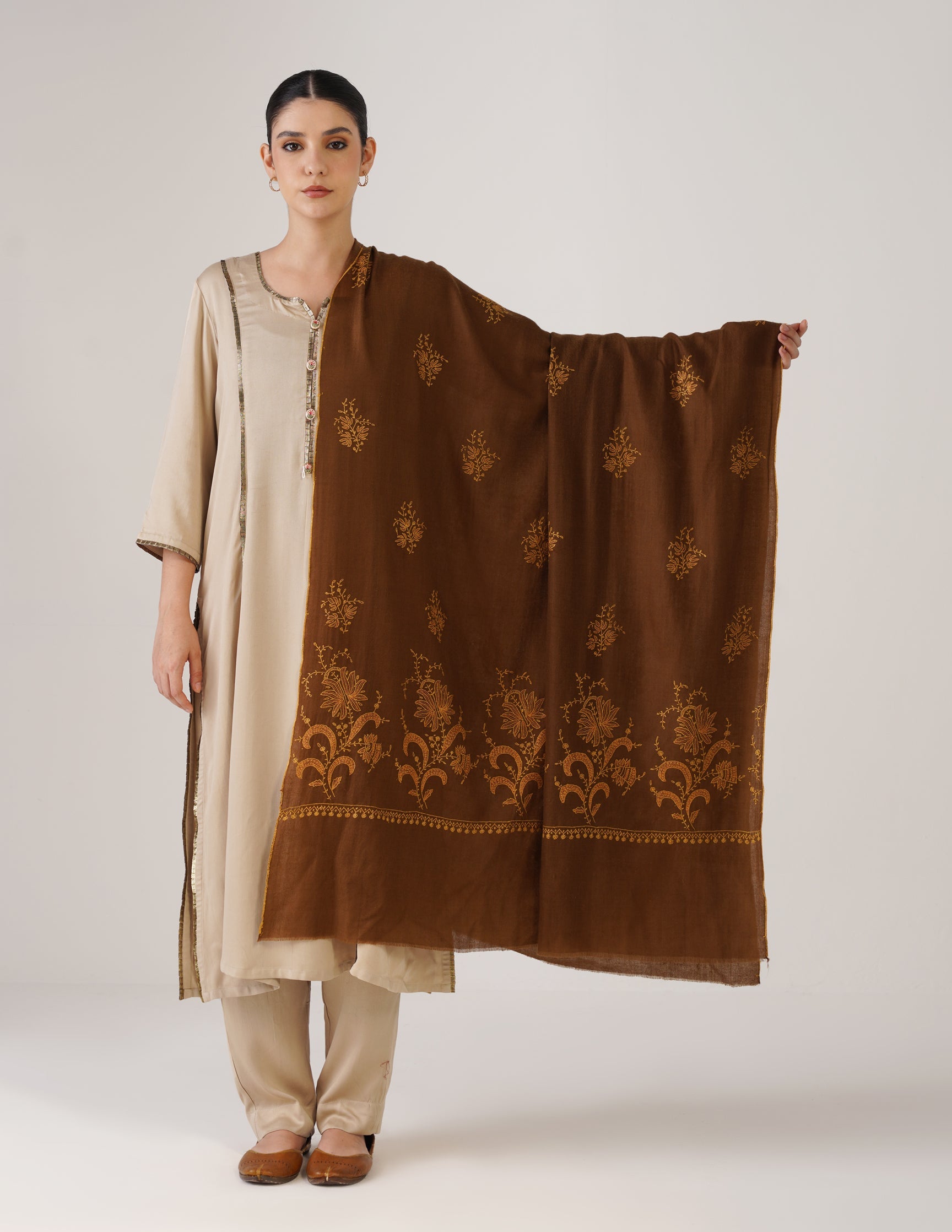 Kashmiri Handwoven Pashmina Sozni Shawl Bootidar – Brown | Yellow & Orange Heritage - Kashmir Box