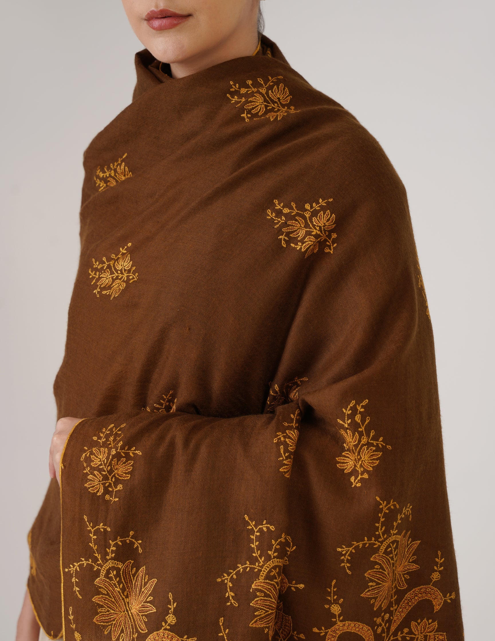 Kashmiri Handwoven Pashmina Sozni Shawl Bootidar – Brown | Yellow & Orange Heritage - Kashmir Box