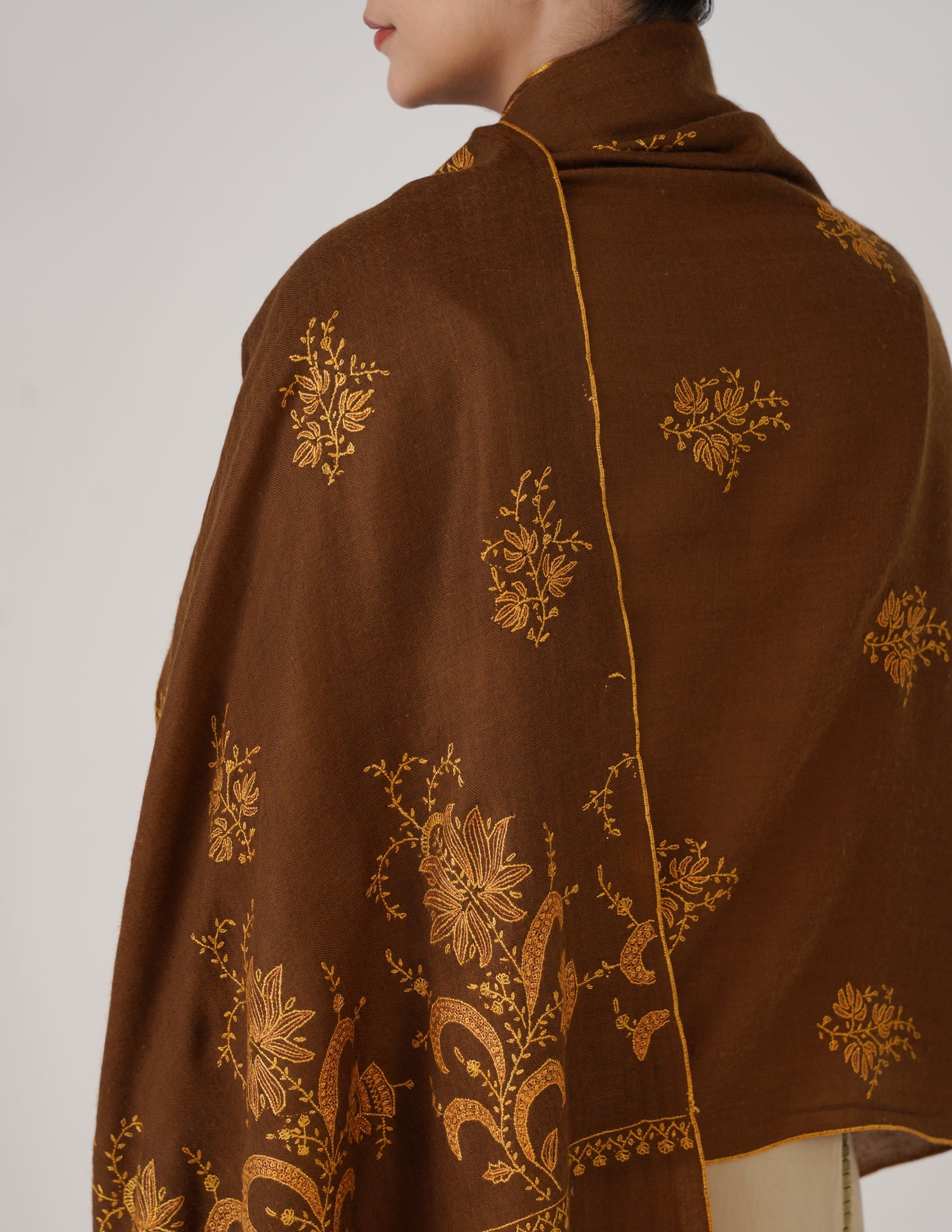 Kashmiri Handwoven Pashmina Sozni Shawl Bootidar – Brown | Yellow & Orange Heritage - Kashmir Box