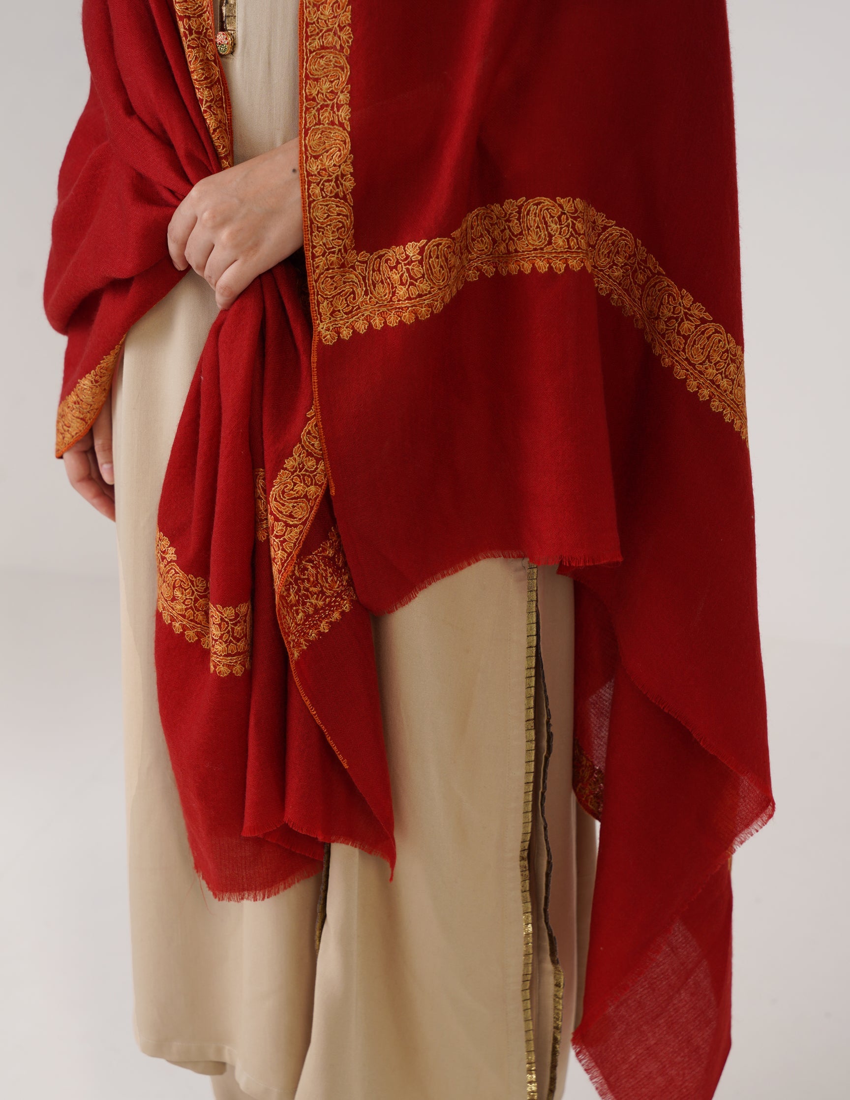 Kashmiri Handwoven Pashmina Sozni Shawl Doredaar – Red | Yellow & Orange Heritage - Kashmir Box