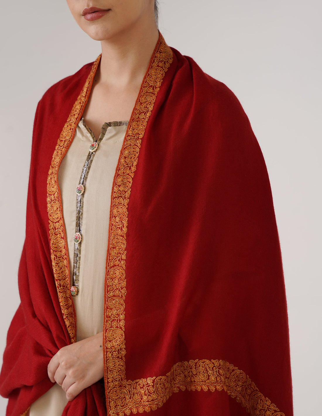 Kashmiri Handwoven Pashmina Sozni Shawl Doredaar – Red | Yellow & Orange Heritage - Kashmir Box