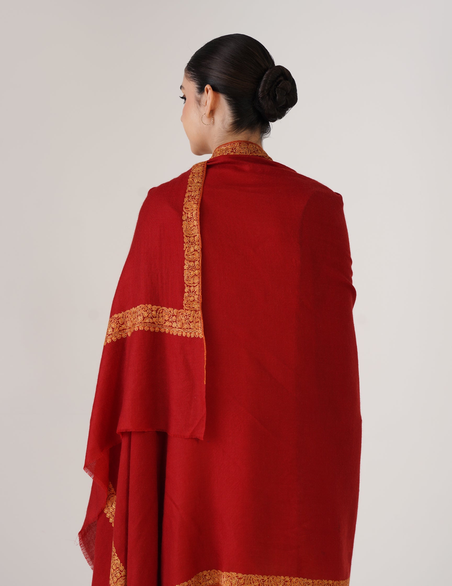 Kashmiri Handwoven Pashmina Sozni Shawl Doredaar – Red | Yellow & Orange Heritage - Kashmir Box