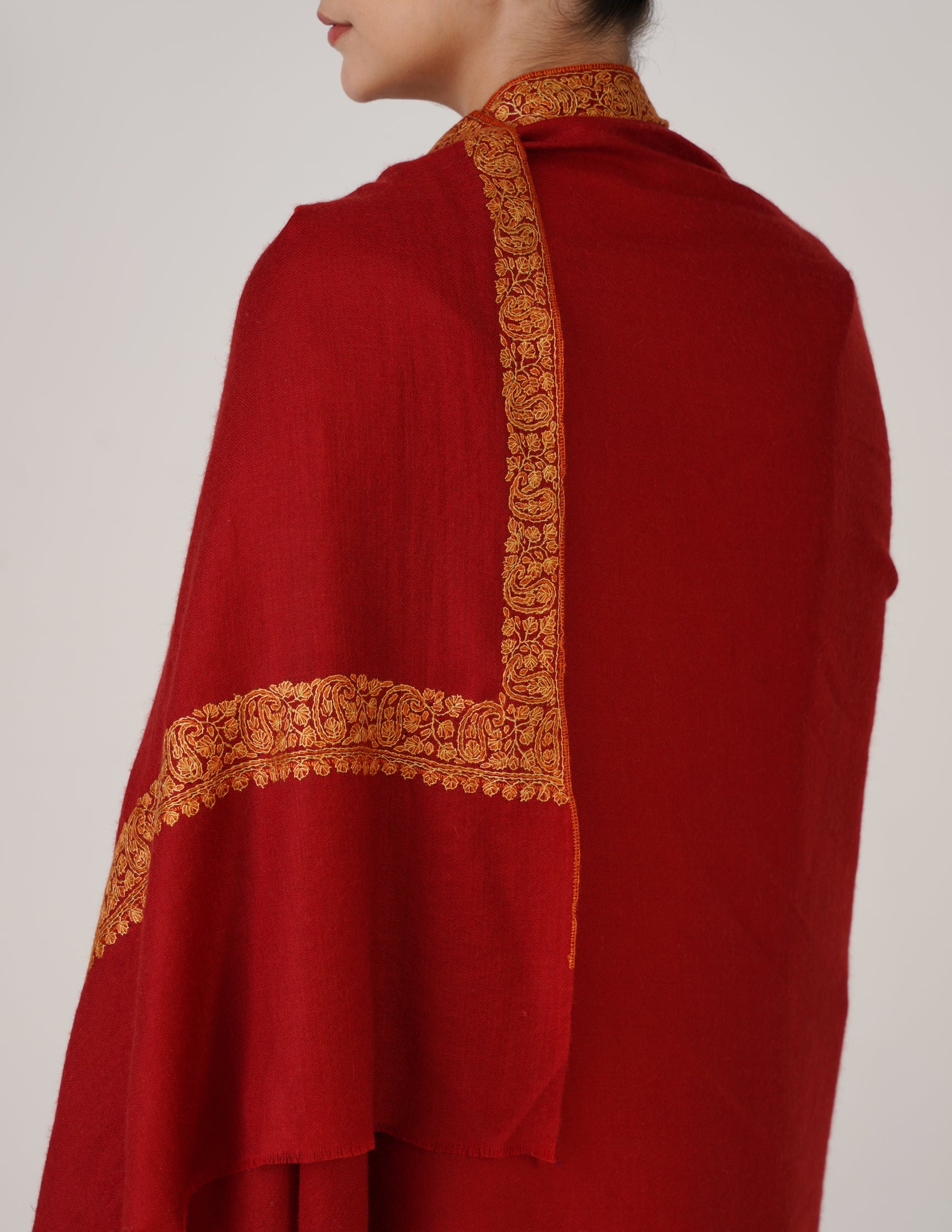 Kashmiri Handwoven Pashmina Sozni Shawl Doredaar – Red | Yellow & Orange Heritage - Kashmir Box
