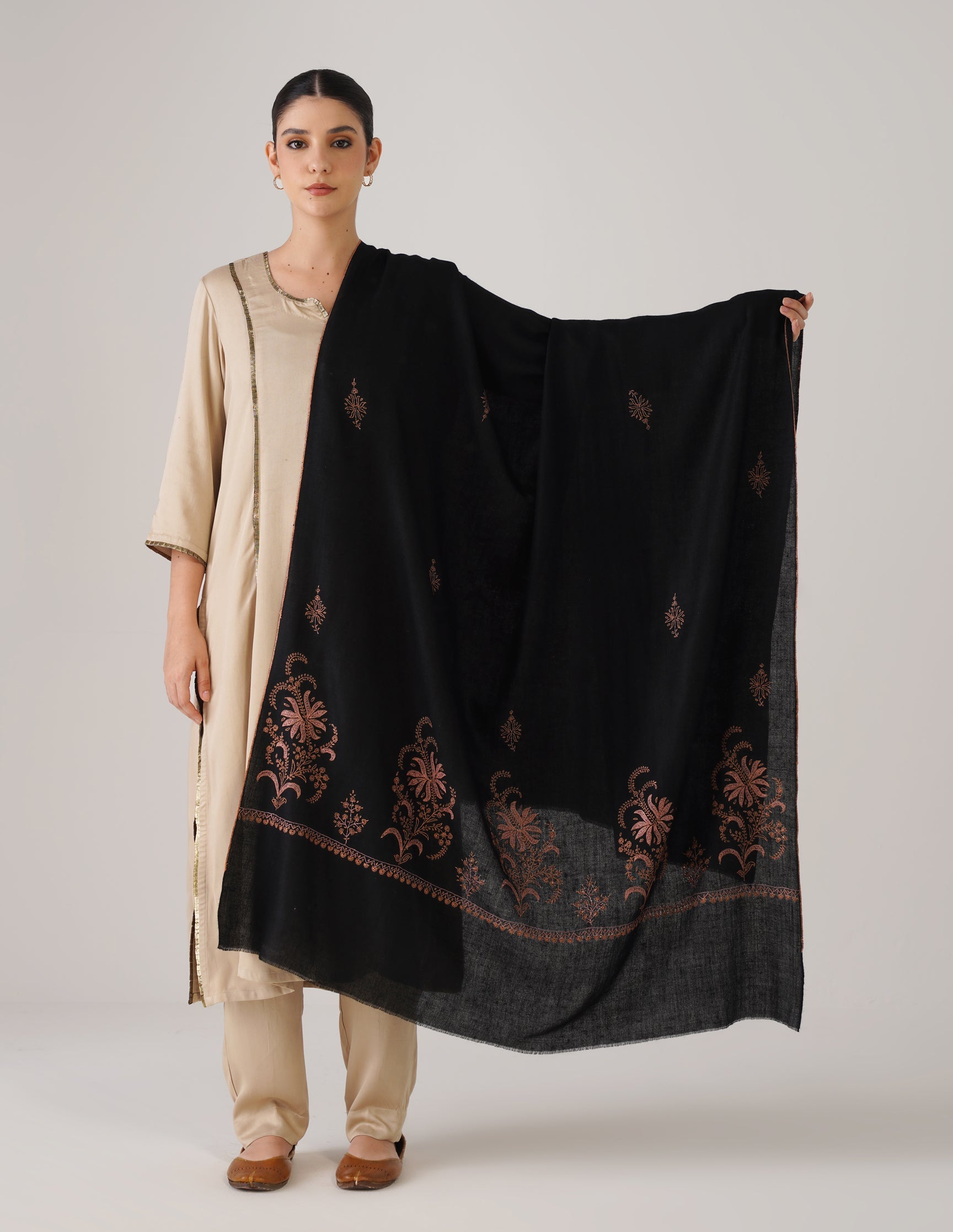 Kashmiri Handwoven Pashmina Sozni Shawl Bootidar – Black | Pink & Orange Heritage - Kashmir Box