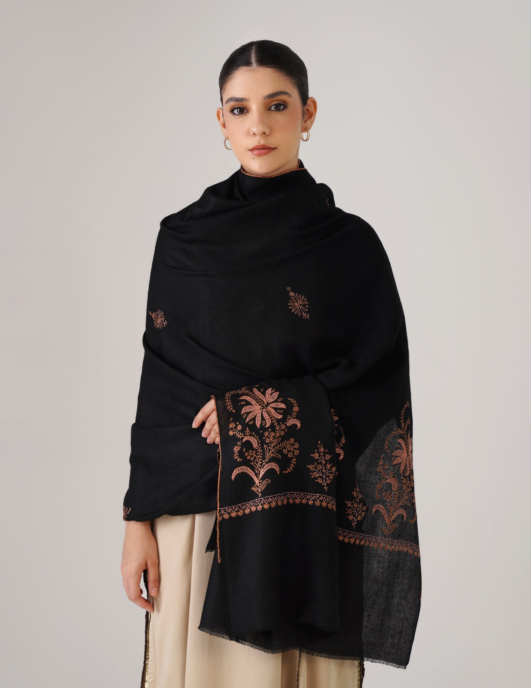 Kashmiri Handwoven Pashmina Sozni Shawl Bootidar – Black | Pink & Orange Heritage - Kashmir Box
