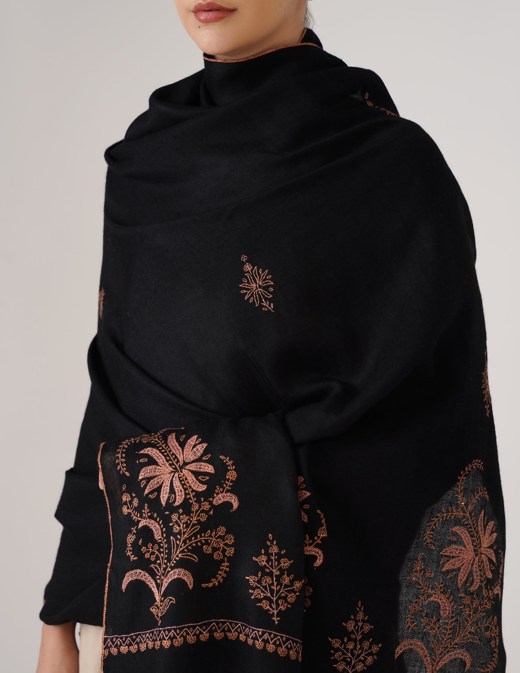 Kashmiri Handwoven Pashmina Sozni Shawl Bootidar – Black | Pink & Orange Heritage - Kashmir Box