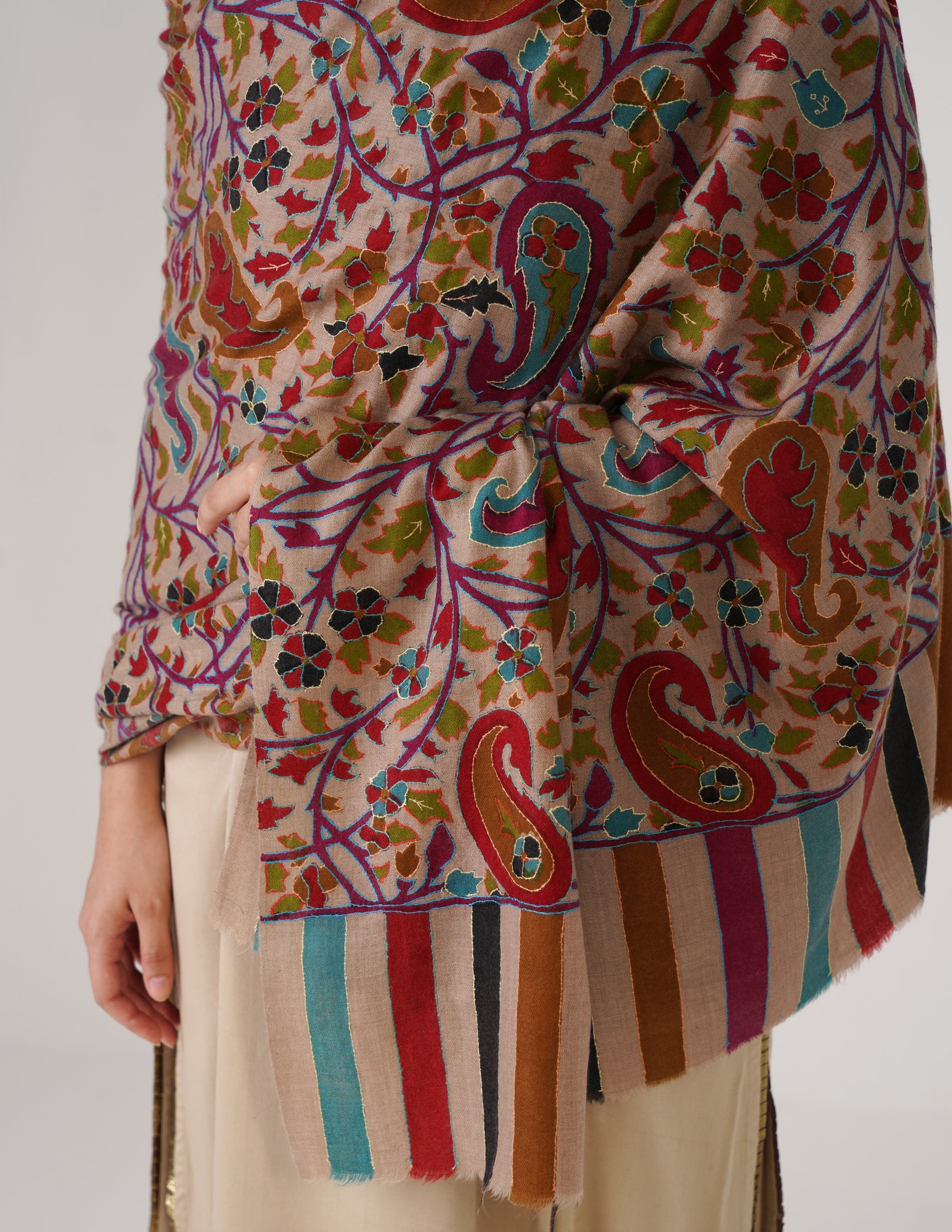 Kashmiri Handwoven Kani Embroidered Pashmina Shawl – Natural | Kalamkari Heritage - Kashmir Box