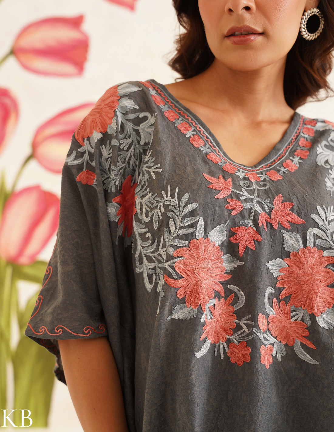 Charcoal Gray Aari Embroidered Cotton Kaftan Set | Comfortable Loose-Fit Coordinated Outfit | Summer Ethnic Wear - Kashmir Box