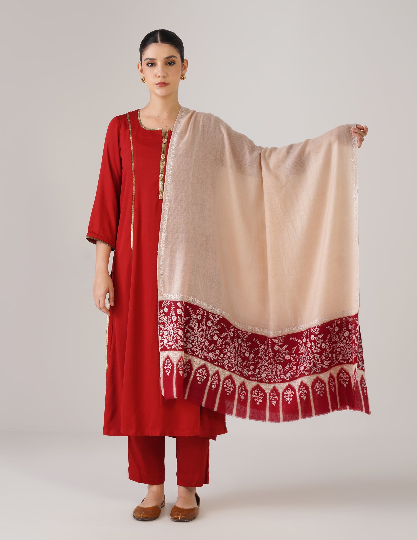 Kashmiri Handwoven Pashmina Sozni Shawl Modern Design – Almond | White Heritage - Kashmir Box