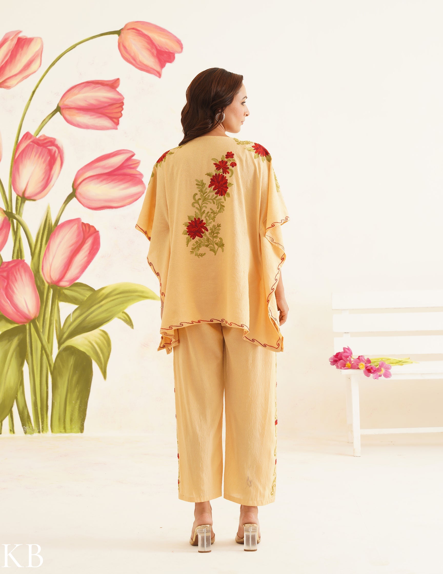 Butter Yellow Aari Embroidered Cotton Kaftan Set | Comfortable Loose-Fit Coordinated Outfit | Summer Ethnic Wear - Kashmir Box