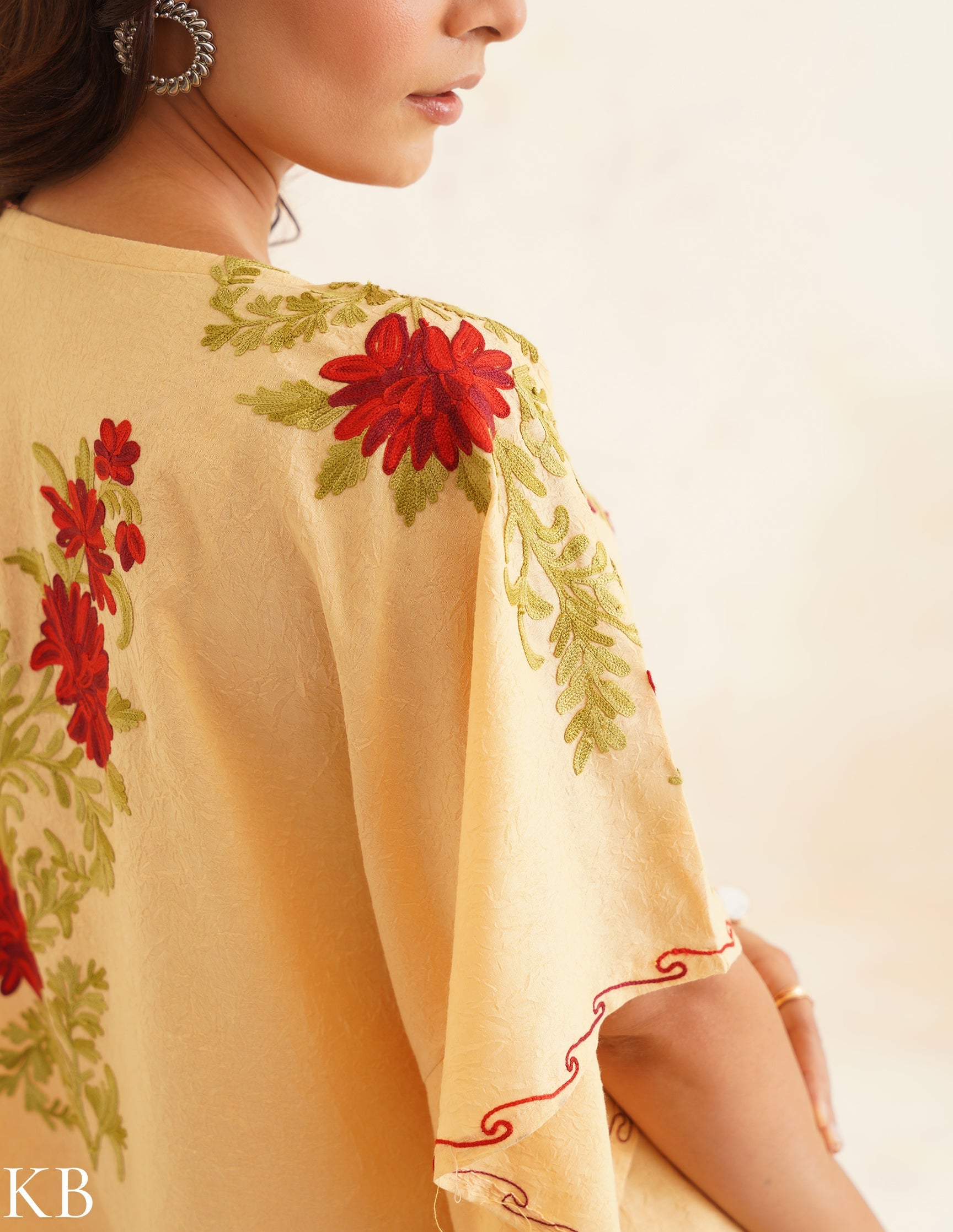 Butter Yellow Aari Embroidered Cotton Kaftan Set | Comfortable Loose-Fit Coordinated Outfit | Summer Ethnic Wear - Kashmir Box