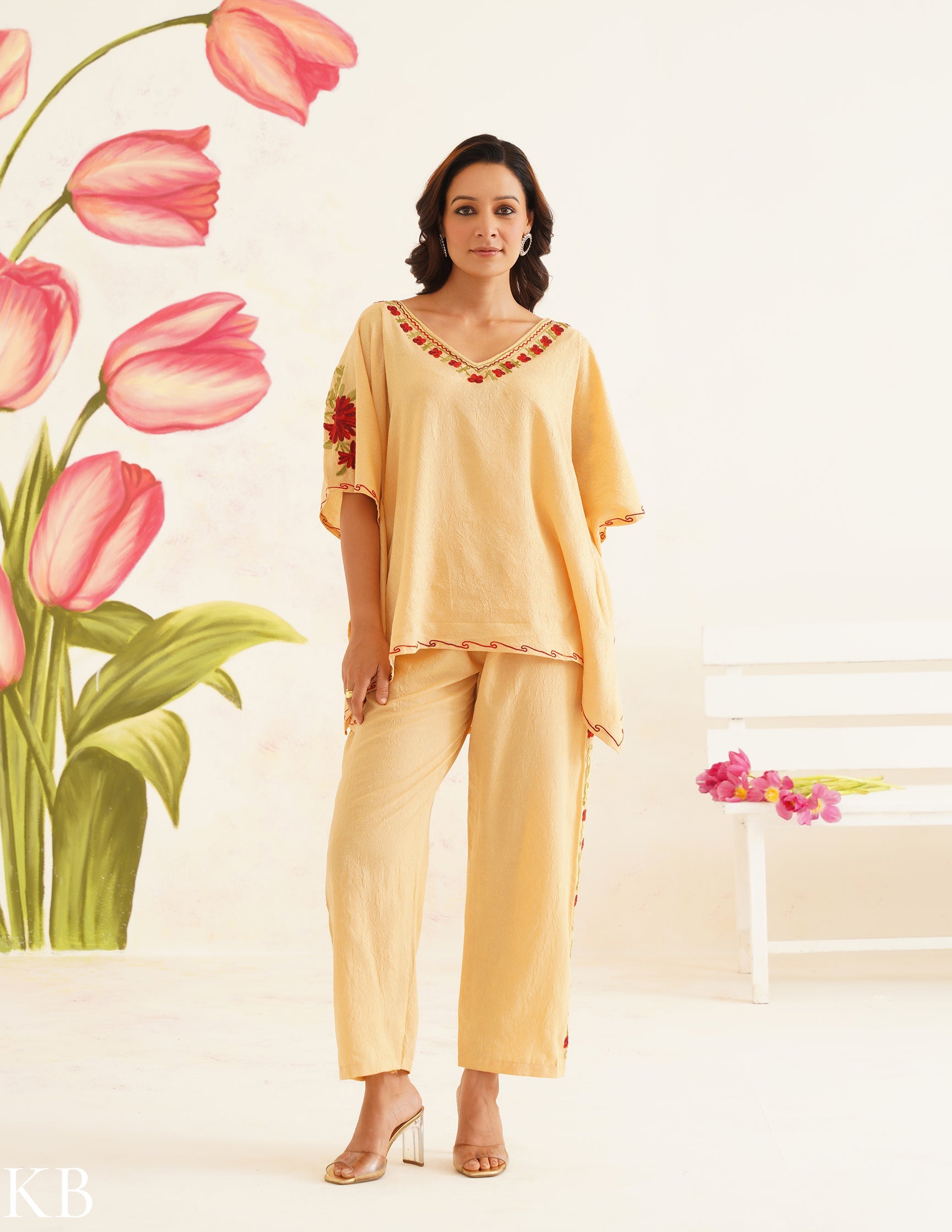 Butter Yellow Aari Embroidered Cotton Kaftan Set | Comfortable Loose-Fit Coordinated Outfit | Summer Ethnic Wear - Kashmir Box