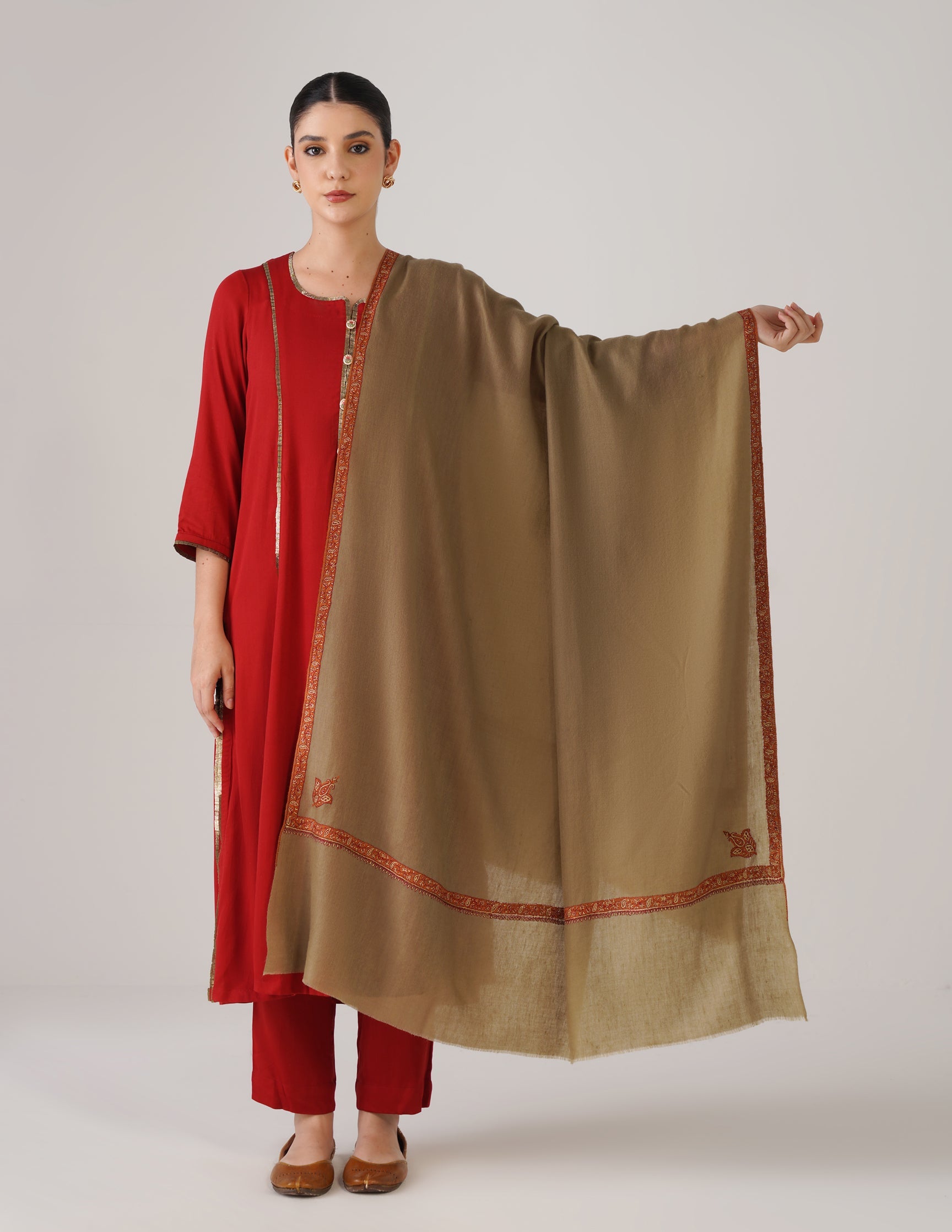 Kashmiri Handwoven Pashmina Sozni Shawl Hashidaar – Natural | Multicolour Heritage - Kashmir Box