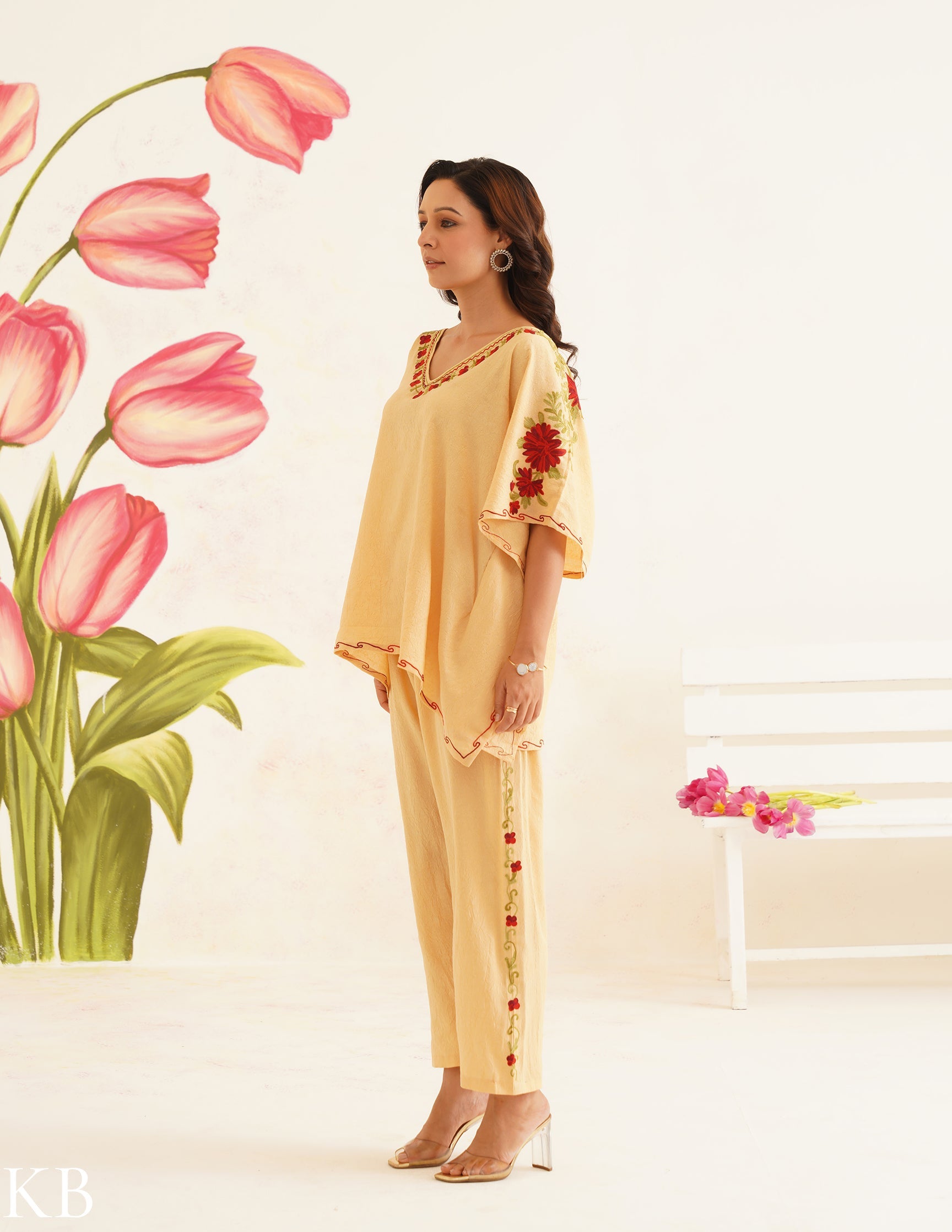 Butter Yellow Aari Embroidered Cotton Kaftan Set | Comfortable Loose-Fit Coordinated Outfit | Summer Ethnic Wear - Kashmir Box