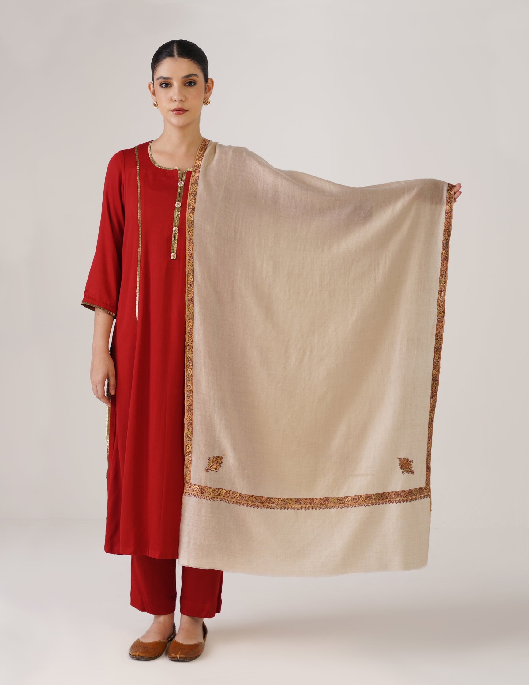 Kashmiri Handwoven Pashmina Sozni Stole Hashidaar – Off White | Multicolour Heritage - Kashmir Box