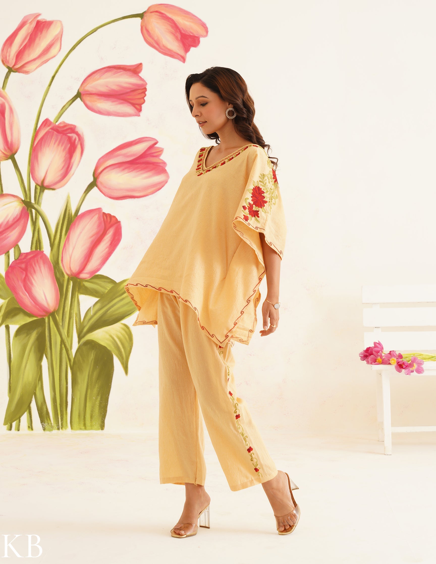 Butter Yellow Aari Embroidered Cotton Kaftan Set | Comfortable Loose-Fit Coordinated Outfit | Summer Ethnic Wear - Kashmir Box