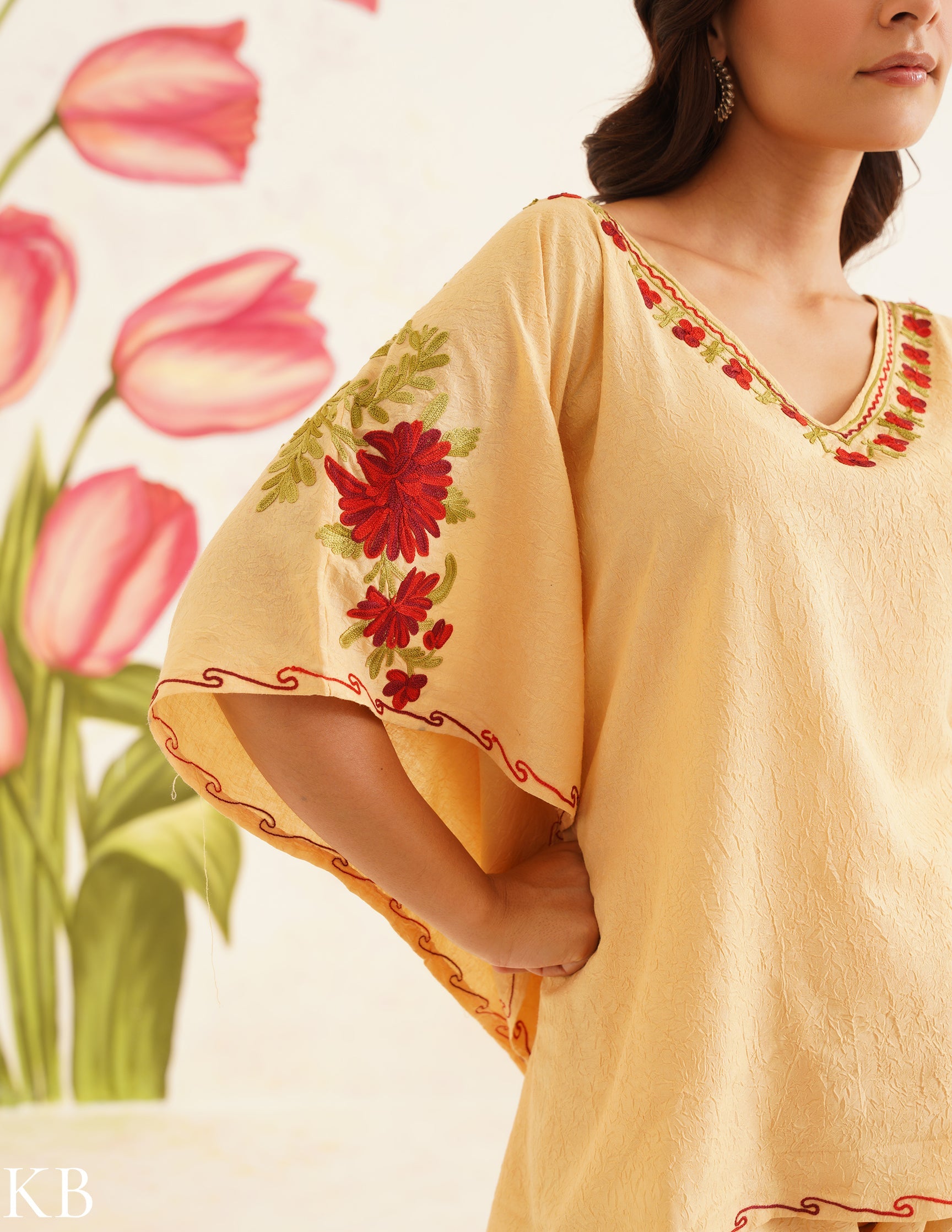 Butter Yellow Aari Embroidered Cotton Kaftan Set | Comfortable Loose-Fit Coordinated Outfit | Summer Ethnic Wear - Kashmir Box