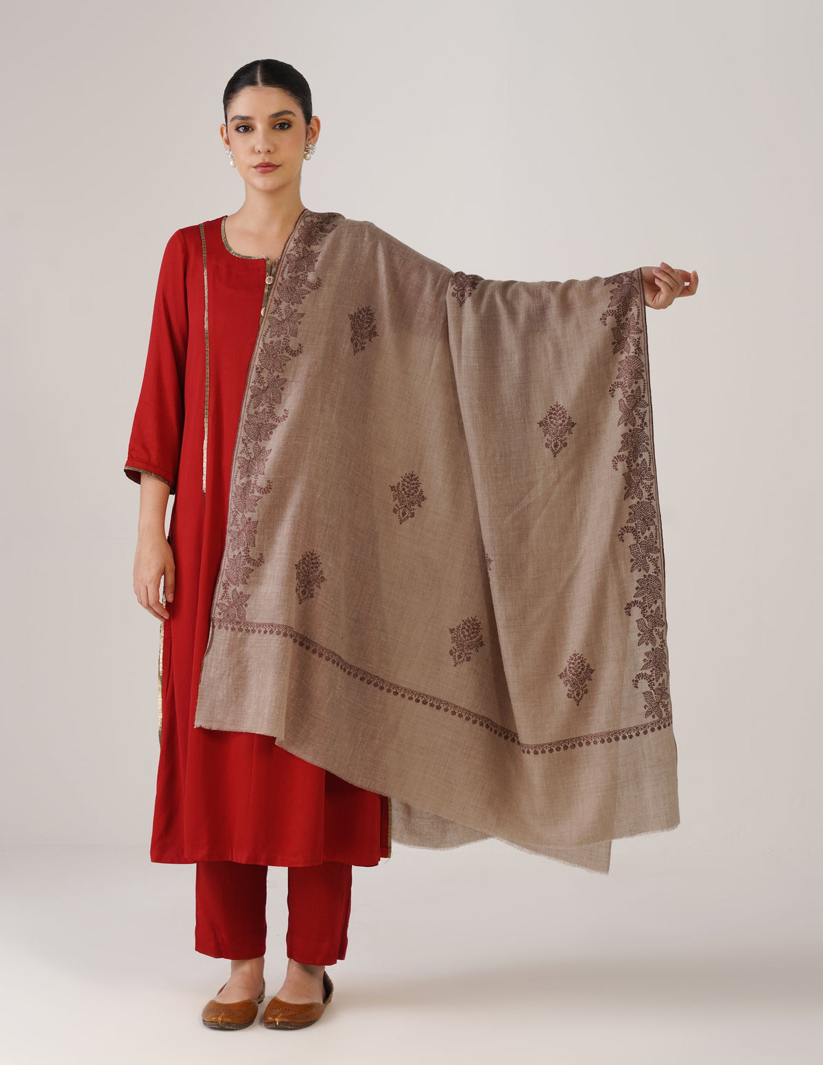 Kashmiri Handwoven Pashmina Sozni Shawl Bootidar – Natural | Brown Heritage - Kashmir Box
