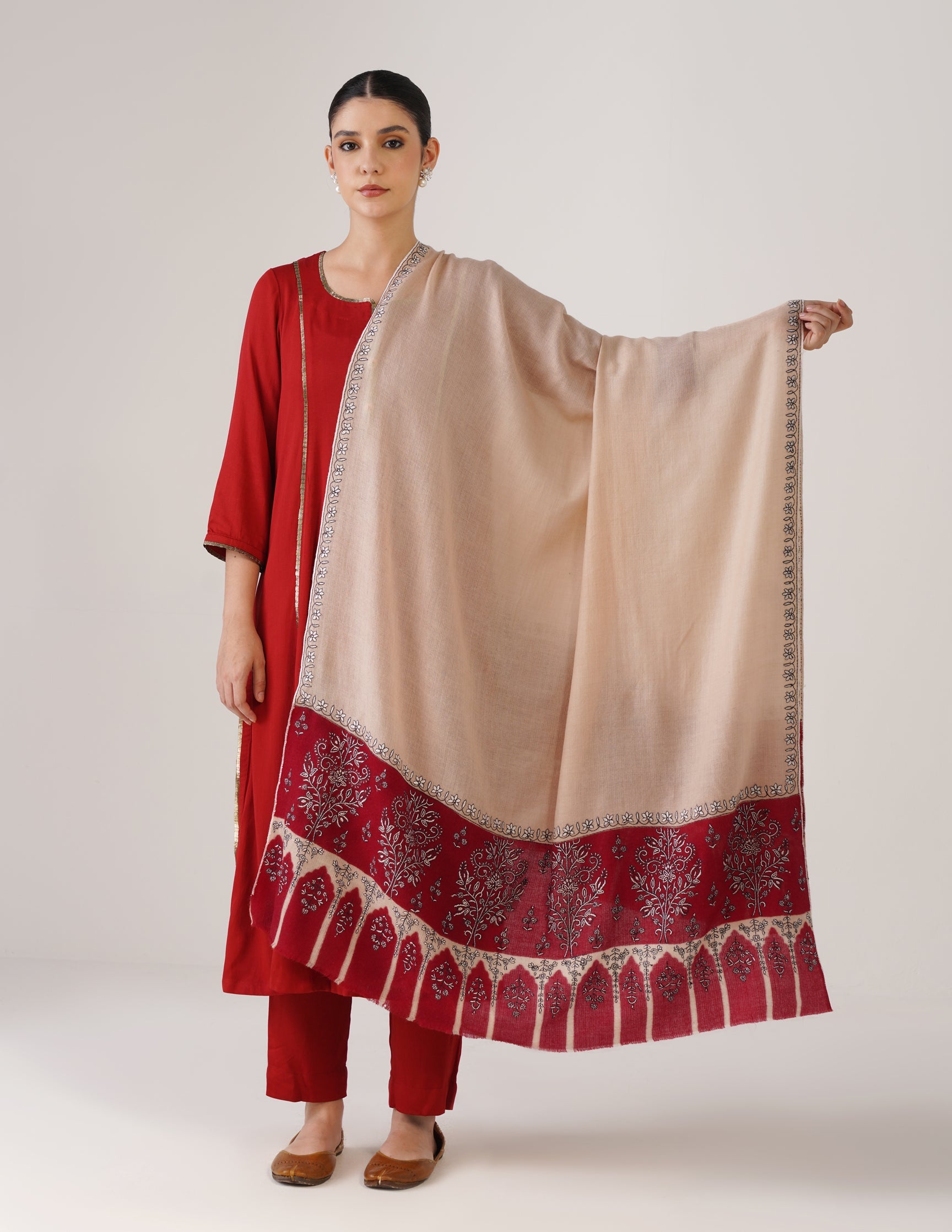Kashmiri Handwoven Pashmina Sozni Shawl Modern Design – Almond | White & Black Heritage - Kashmir Box