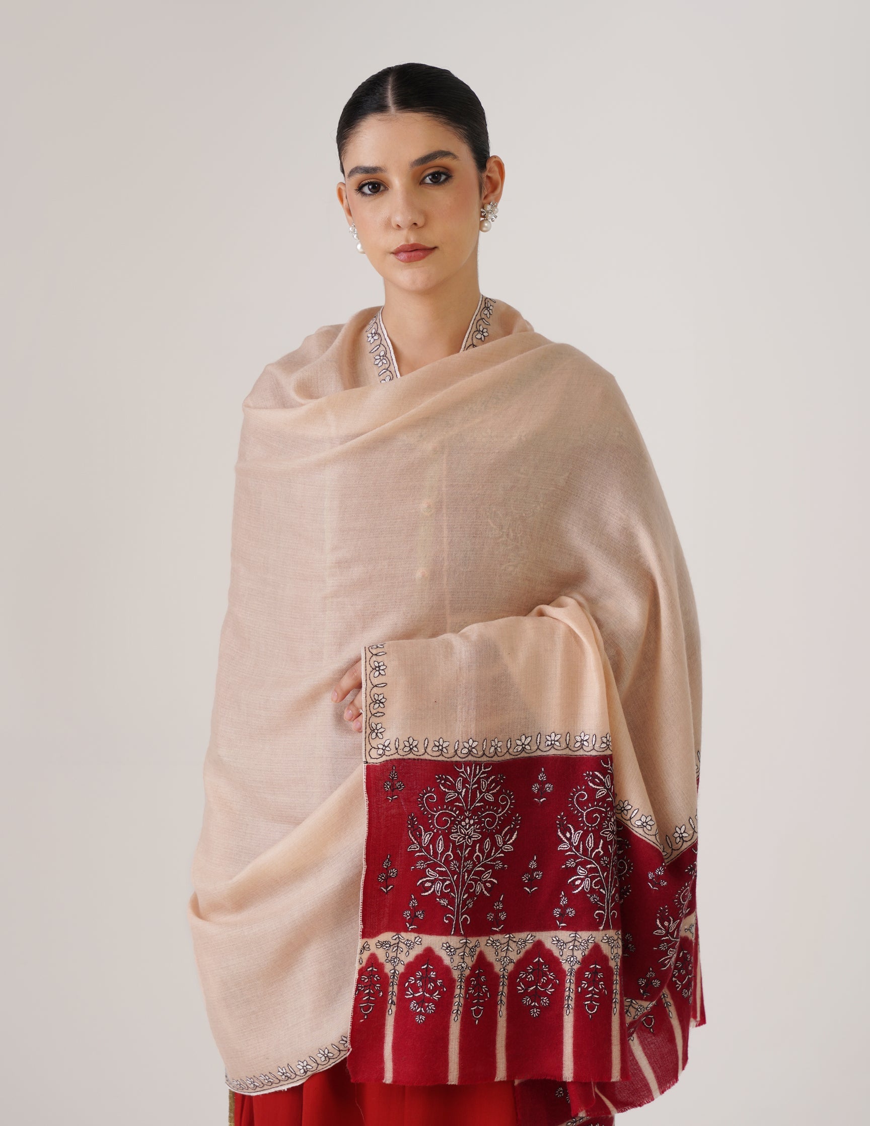 Kashmiri Handwoven Pashmina Sozni Shawl Modern Design – Almond | White & Black Heritage - Kashmir Box