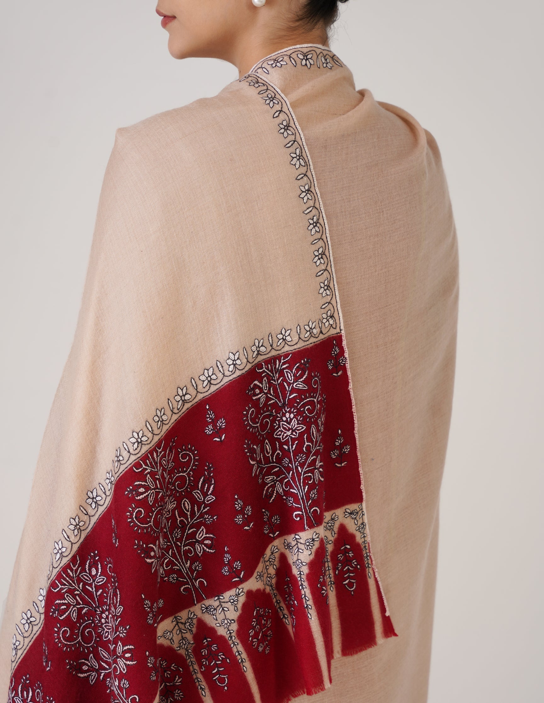 Kashmiri Handwoven Pashmina Sozni Shawl Modern Design – Almond | White & Black Heritage - Kashmir Box