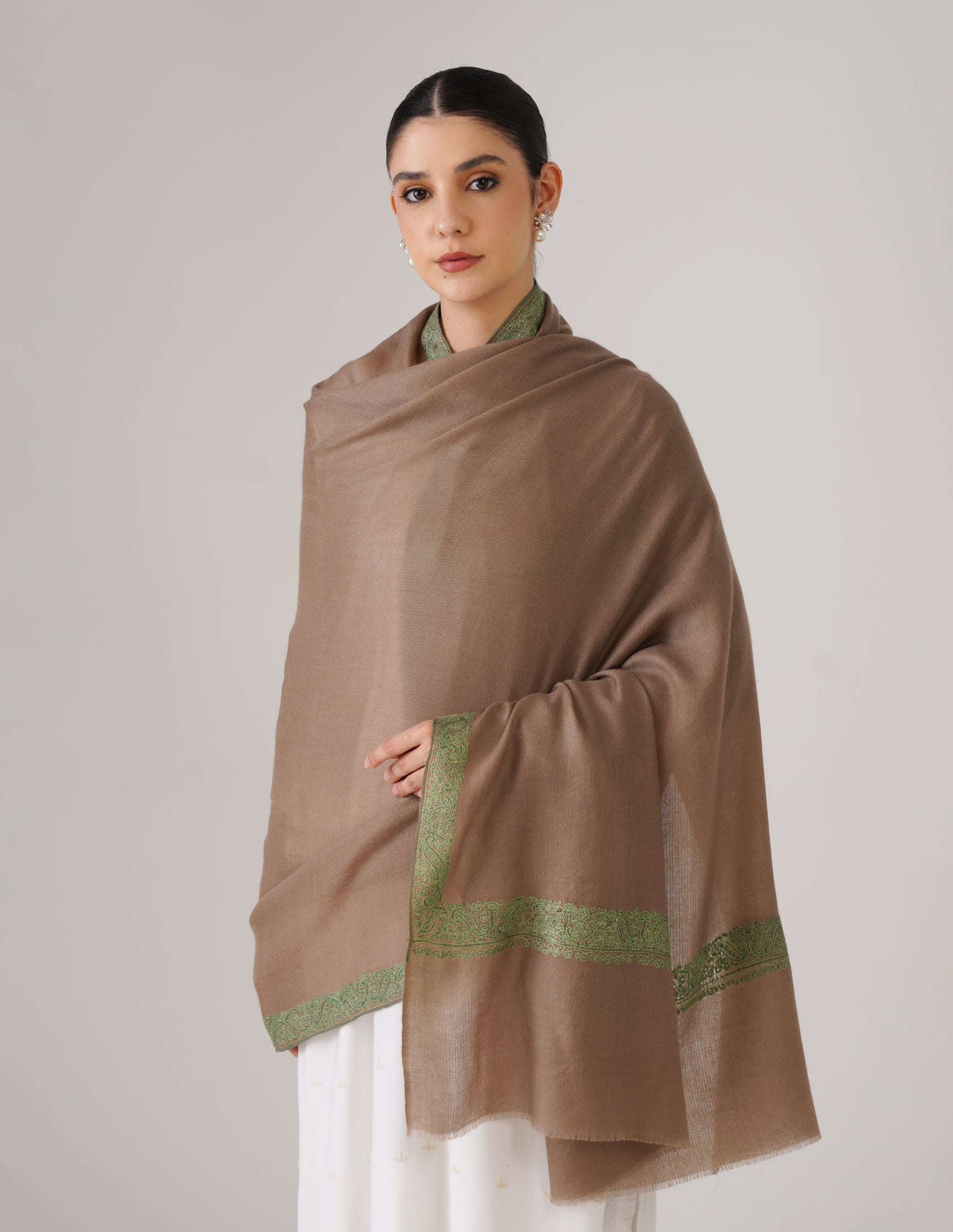 Kashmiri Handwoven Pashmina Sozni Shawl Doredaar – Natural Brown | Green Heritage - Kashmir Box