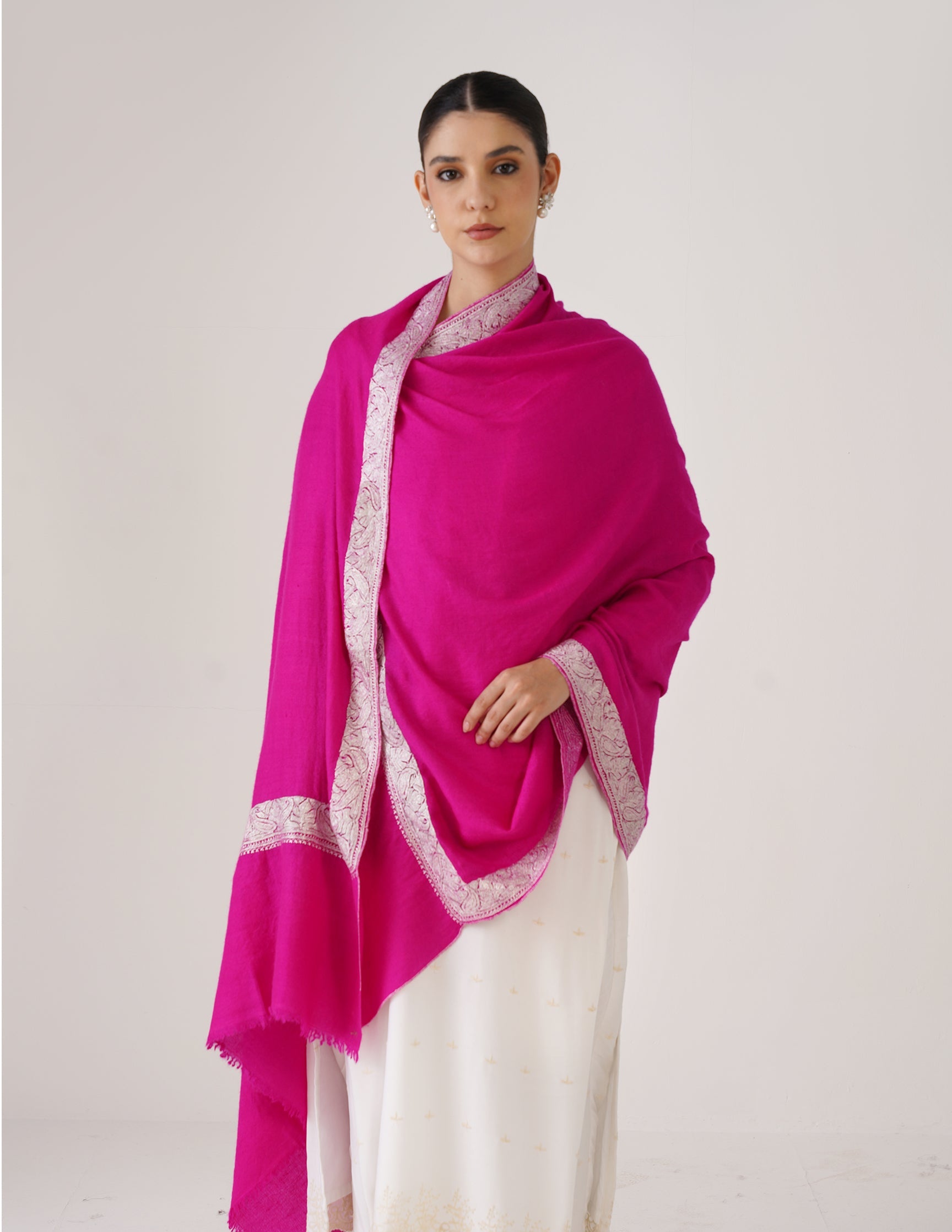 Kashmiri Handwoven Pashmina Tilla Shawl Neemdore – Pink & Silver | Handwoven Heritage - Kashmir Box