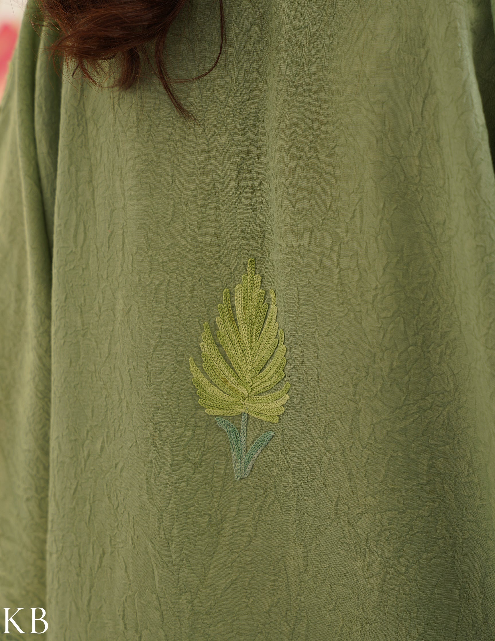 Sage Green Cotton Kaftan Dress with Tonal Embroidery | Comfortable Loose-Fit | Summer Ethnic Wear - Kashmir Box